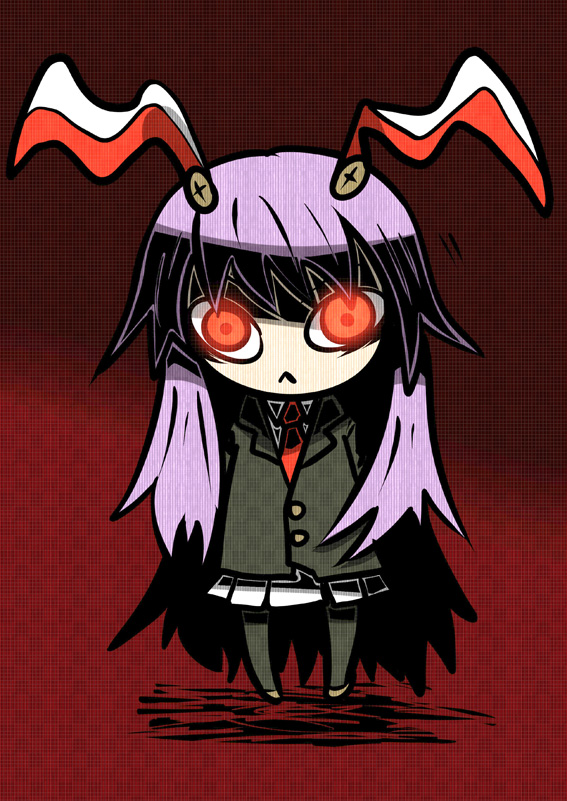 2215, 221 (tsutsuichi), reisen udongein inaba, touhou, light purple hair, 1girl, :<, animal ears, buttons, chibi, female focus, glowing, glowing eyes, kneehighs, long hair, necktie, rabbit ears, red eyes, socks, solo