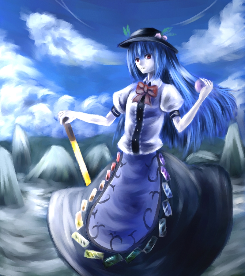 parsley-f, hinanawi tenshi, touhou, bad id, bad pixiv id, 1girl, blue hair, bow, cloud, female focus, food, fruit, hat, long hair, outdoors, peach, red eyes, sky, solo, standing, sword, sword of hisou, weapon