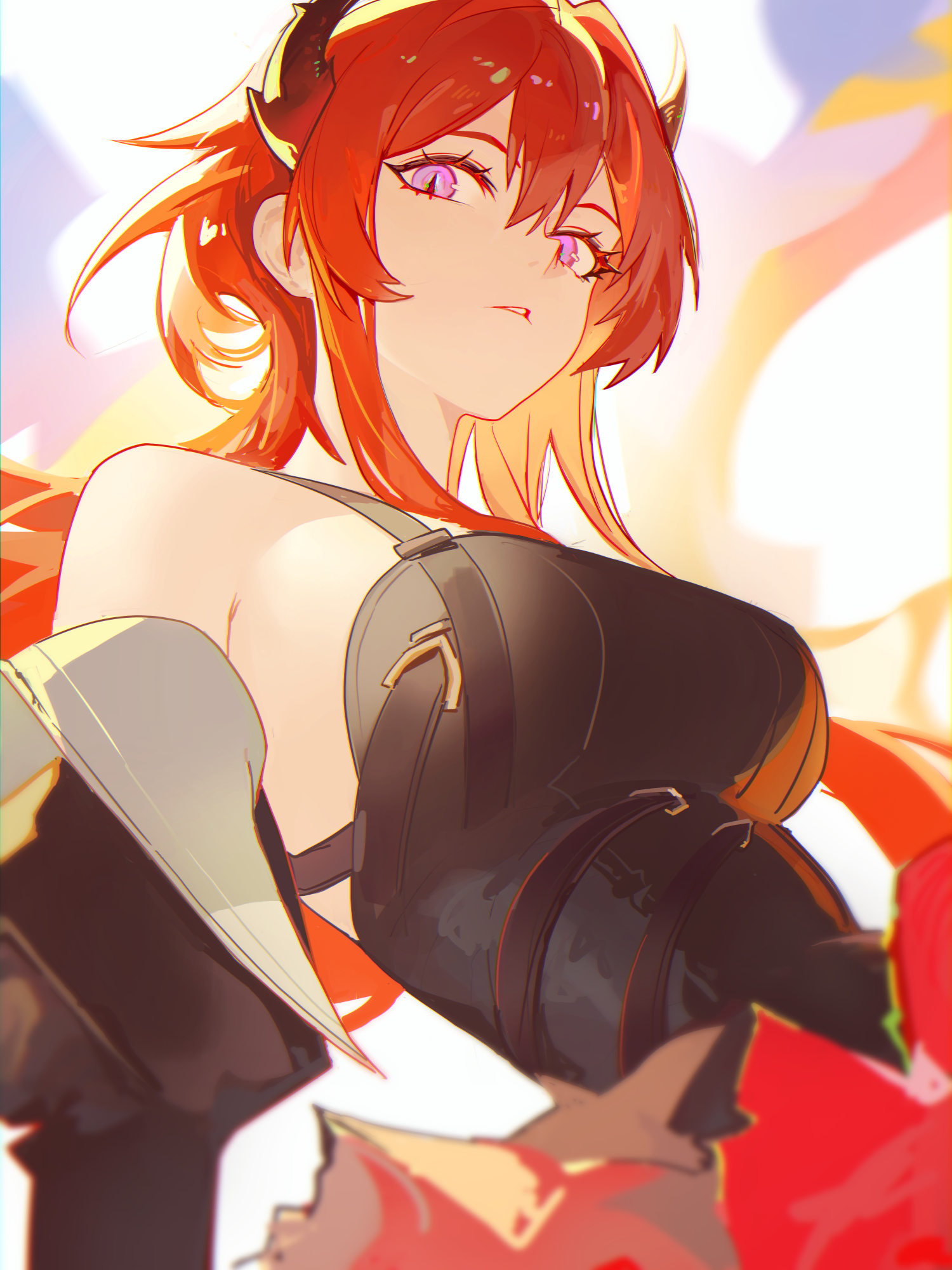 distr, laevatein (arknights), surtr (arknights), arknights, arknights: endfield, commentary, english commentary, highres, 1girl, black dress, black horns, black sleeves, breasts, demon girl, demon horns, detached sleeves, dress, from below, hair intakes, horns, large breasts, long hair, looking at viewer, parted lips, purple eyes, red hair, solo, white background