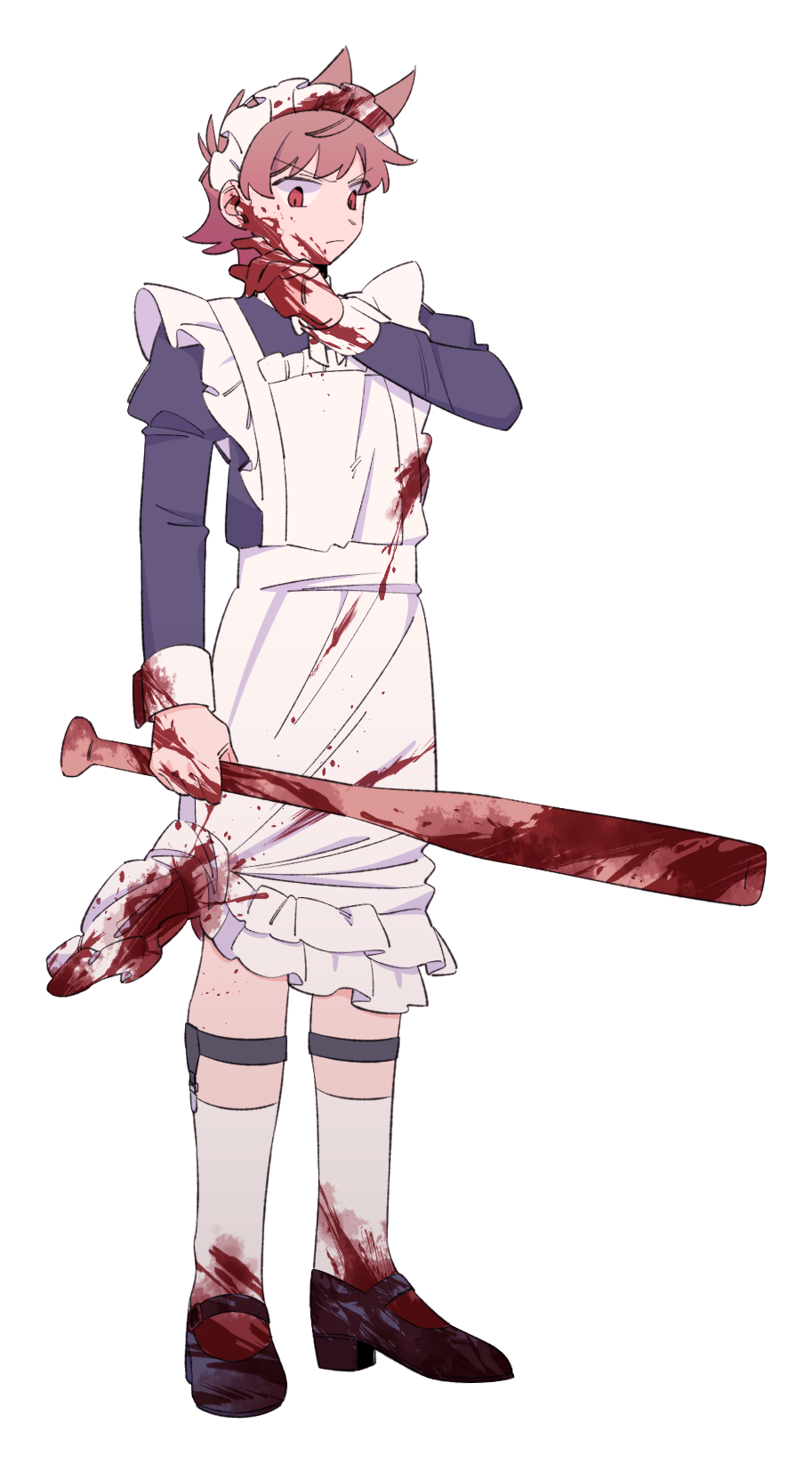 mjsc 10, eddsworld, commentary request, highres, 1boy, alternate costume, animification, apron, baseball bat, black dress, black shoes, blood, blood on clothes, brown hair, crossdressing, crossdressing (mtf), dress, enmaided, hair ears, holding, holding baseball bat, holding shovel, juliet sleeves, long sleeves, maid, maid headdress, male focus, male maid, puffy sleeves, red eyes, shoes, short hair, shovel, socks, solo, tord (eddsworld), white apron, white socks