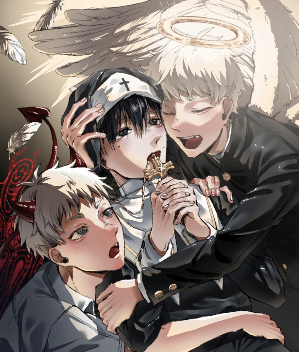 indou hikaru, tsujinaka yoshiki, hikaru ga shinda natsu, commentary request, highres, korean commentary, 3boys, alternate costume, angel and devil, black hair, blush, buttons, closed eyes, collared shirt, cross, cross necklace, dual persona, feathered wings, feathers, gakuran, glowing, glowing halo, grey eyes, hair between eyes, halo, horns, indou hikaru (human), jewelry, long sleeves, male focus, mam memi, mole, mole on cheek, mole under eye, multiple boys, multiple moles, necklace, nun, open mouth, red pupils, school uniform, shirt, short eyebrows, short hair, short sleeves, slit pupils, tail, upper body, white hair, white shirt, wings, yaoi