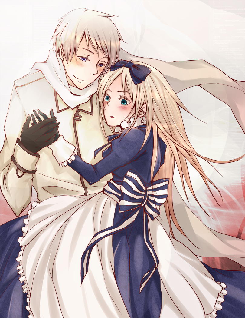 sig (pixiv606297), sig (shilla), belarus (hetalia), russia (hetalia), axis powers hetalia, bad id, bad pixiv id, 00s, blonde hair, blue eyes, blush, gloves, long hair, scarf