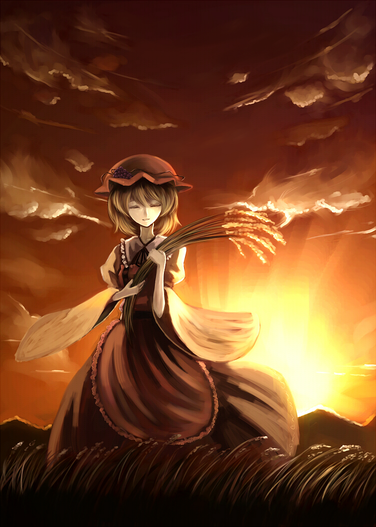 parsley-f, aki minoriko, touhou, bad id, bad pixiv id, 1girl, blonde hair, closed eyes, cloud, female focus, hat, outdoors, plant, short hair, sky, solo, standing, wheat