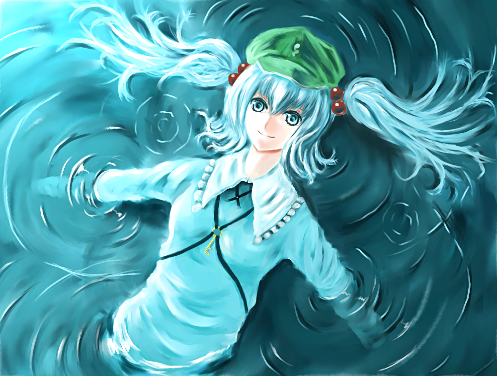 parsley-f, kawashiro nitori, touhou, bad id, bad pixiv id, 1girl, afloat, blue eyes, blue hair, female focus, floating, gradient background, hair bobbles, hair ornament, hat, key, matching hair/eyes, solo, twintails, two side up, water