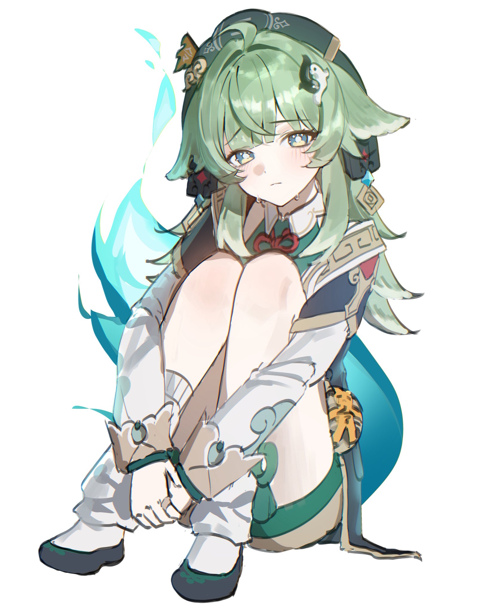huohuo (honkai: star rail), honkai: star rail, honkai (series), highres, 1girl, ahoge, animal ears, dodosaae, fiery tail, fire, fox ears, green eyes, green hair, hugging own legs, long hair, sitting, socks, tail, white background, white socks, yin yang hair ornament