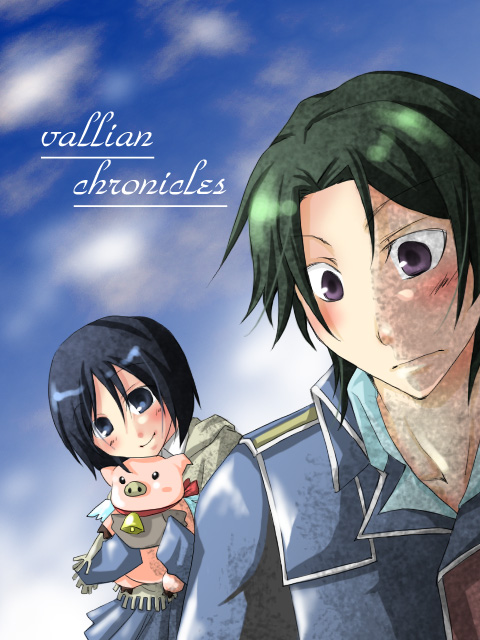 hyunjoong, ruki (artist), isara gunther, porcavian, ramal valt, senjou no valkyria, senjou no valkyria (series), senjou no valkyria 1, 00s, bell, black hair, blue eyes, blue hair, blush, darcsen, military, military uniform, pig, purple eyes, shawl, short hair