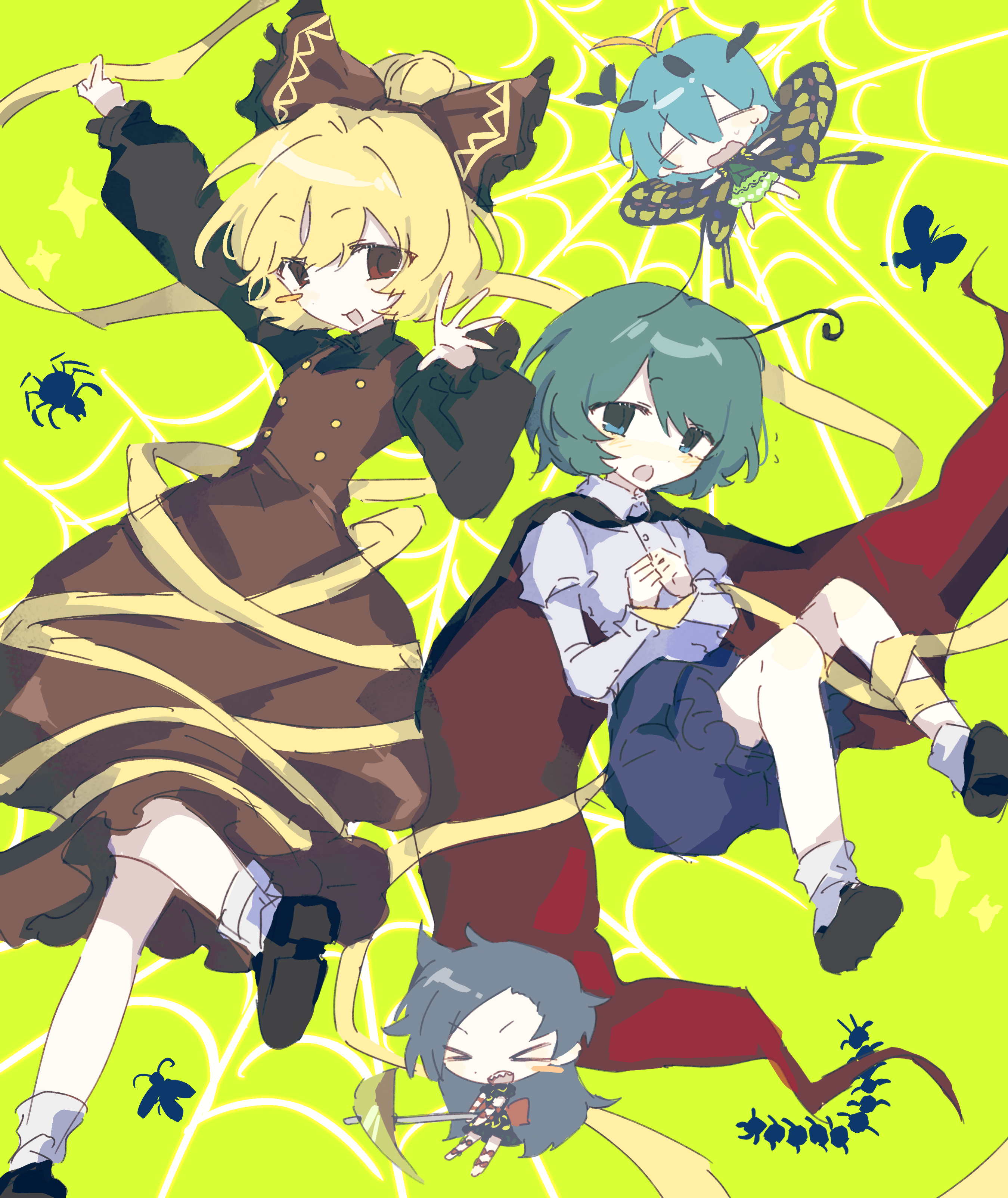 wusem0108, eternity larva, himemushi momoyo, kurodani yamame, wriggle nightbug, touhou, absurdres, commentary, english commentary, highres, > <, 4girls, :o, = =, antennae, arm ribbon, arthropod girl, beetle, black cape, black shirt, black shoes, blonde hair, blue hair, blue shorts, blush, blush stickers, bound, bound wrists, bow, brown bow, brown eyes, brown vest, bug, butterfly, butterfly girl, butterfly wings, cape, caterpillar, centipede girl, chibi, chisel, crossed legs, dark skin, double-parted bangs, dress, flying sweatdrops, green background, green eyes, green hair, green shirt, green skirt, grey dress, grey hair, hair between eyes, height difference, high ponytail, holding, holding ribbon, insect, insect girl, insect wings, juliet sleeves, leaf wreath, leg ribbon, long hair, long skirt, long sleeves, mini person, minigirl, multiple girls, nervous, open mouth, ponytail, puffy long sleeves, puffy sleeves, red cape, red sash, ribbon, sash, sharp teeth, shirt, shoes, short sleeves, shorts, silk, simple background, sitting, skirt, smile, socks, spider, spider girl, spider web, struggling, sweatdrop, swept bangs, teeth, tied up (nonsexual), two-sided cape, two-sided fabric, upper teeth only, very long hair, vest, waving, white background, white socks, wings, yellow ribbon