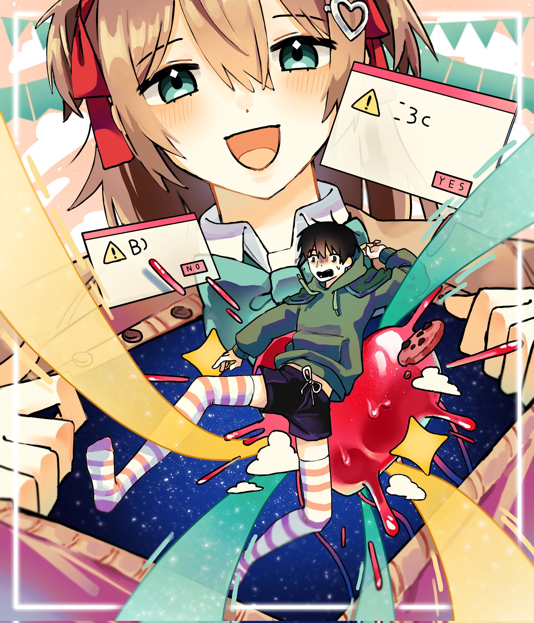 owo uou, neuro-sama, vedal987, commentary, english commentary, highres, 1boy, 1girl, black hair, black shoes, blue eyes, bow, bowtie, cardigan, cookie, food, full body, green bow, green bowtie, green hoodie, hair between eyes, hair ornament, hair ribbon, heart, heart hair ornament, hood, hoodie, long hair, long sleeves, no shoes, open cardigan, open clothes, open mouth, personification, red ribbon, ribbon, shirt, shoes, short hair, striped clothes, striped thighhighs, thighhighs, vedal ai, virtual youtuber, white shirt, yellow cardigan