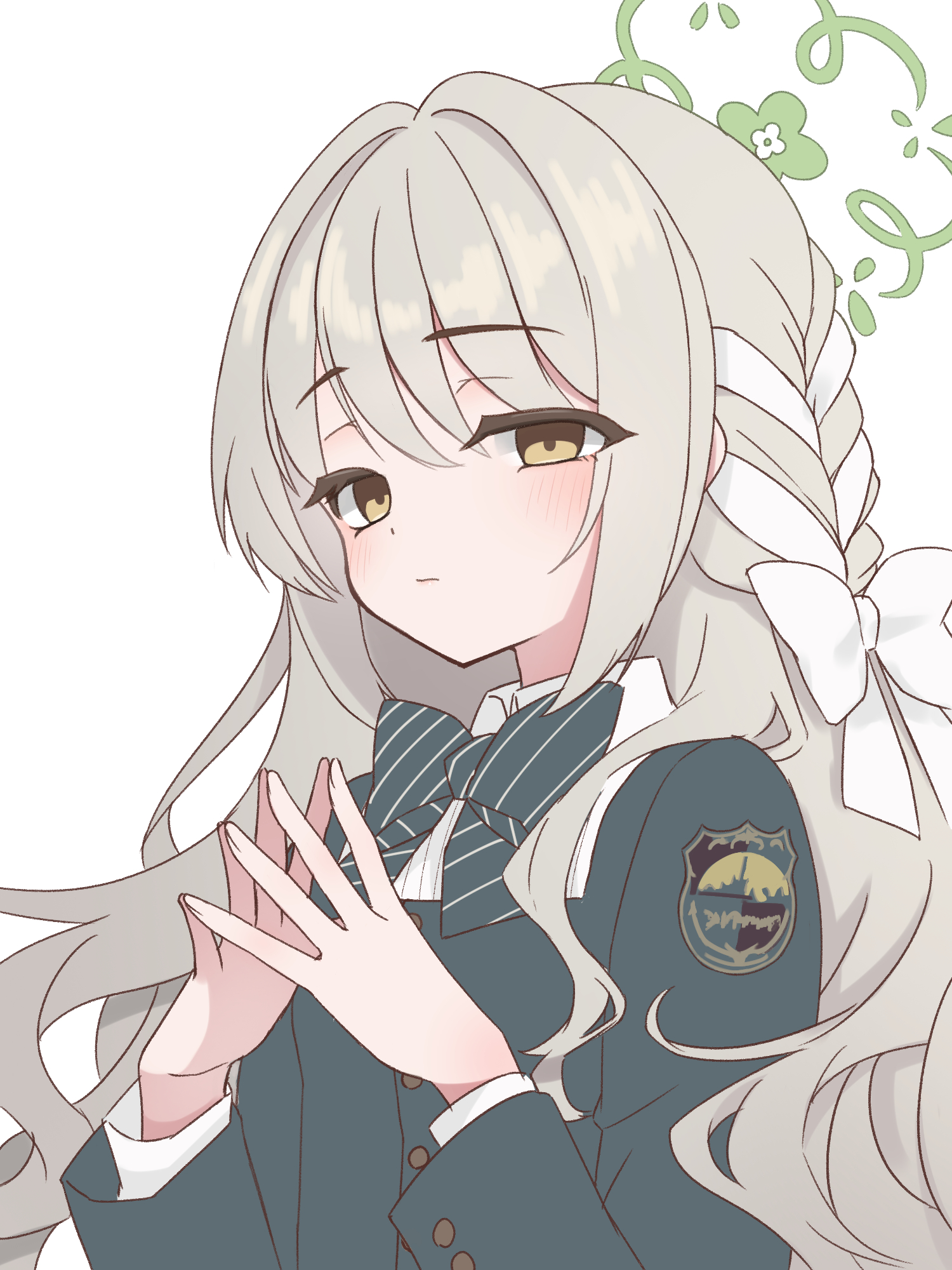 miyo (blue archive), blue archive, highres, 1girl, blazer, blonde hair, blush, bow, bowtie, braid, choppy bangs, closed mouth, collared shirt, diagonal-striped bow, diagonal-striped bowtie, diagonal-striped clothes, flower halo, green bow, green bowtie, green halo, hair bow, hair intakes, hair ribbon, halo, hncstk, jacket, long hair, looking at viewer, own hands together, raised eyebrows, ribbon, ribbon braid, shirt, sidelocks, simple background, solo, striped bow, striped bowtie, striped clothes, white background, white bow, white shirt, wild hunt academy of arts logo, yellow eyes