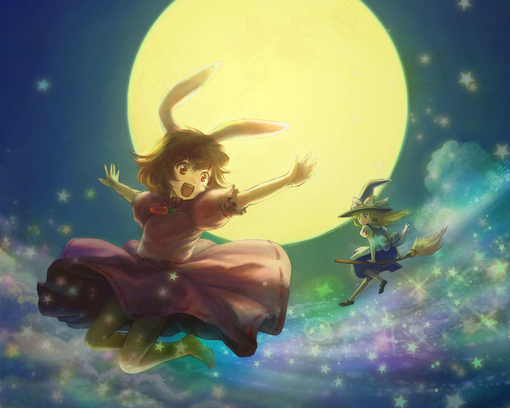 atsuko k, inaba tewi, kirisame marisa, touhou, 2girls, animal ears, barefoot, blonde hair, broom, broom riding, brown hair, female focus, full moon, happy, hat, jumping, long hair, moon, multiple girls, open mouth, outstretched arms, rabbit ears, red eyes, short hair, sky, smile, spread arms, star (sky), star (symbol), starry sky, witch hat