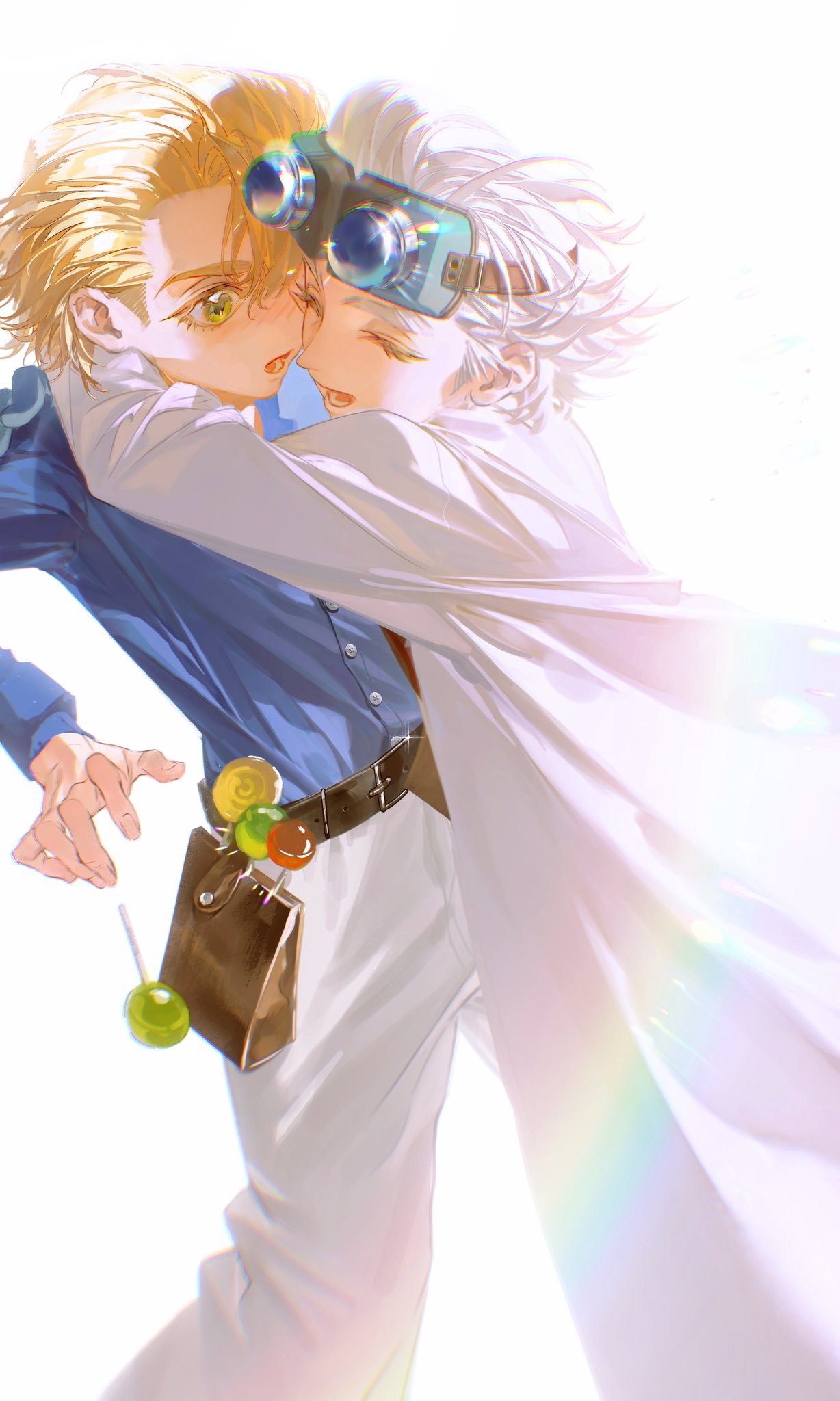 xeno (dr.stone), dr. stone, highres, 2boys, belt, belt pouch, blonde hair, blue shirt, candy, closed eyes, coat, collared shirt, food, goggles, goggles on head, gooooosekk, green eyes, holding, hug, lab coat, lollipop, long sleeves, male focus, multiple boys, necktie, one eye closed, open mouth, pants, pouch, rainbow, shirt, short hair, simple background, smile, standing, stanley snyder (dr.stone), white background, white coat, white hair, white pants