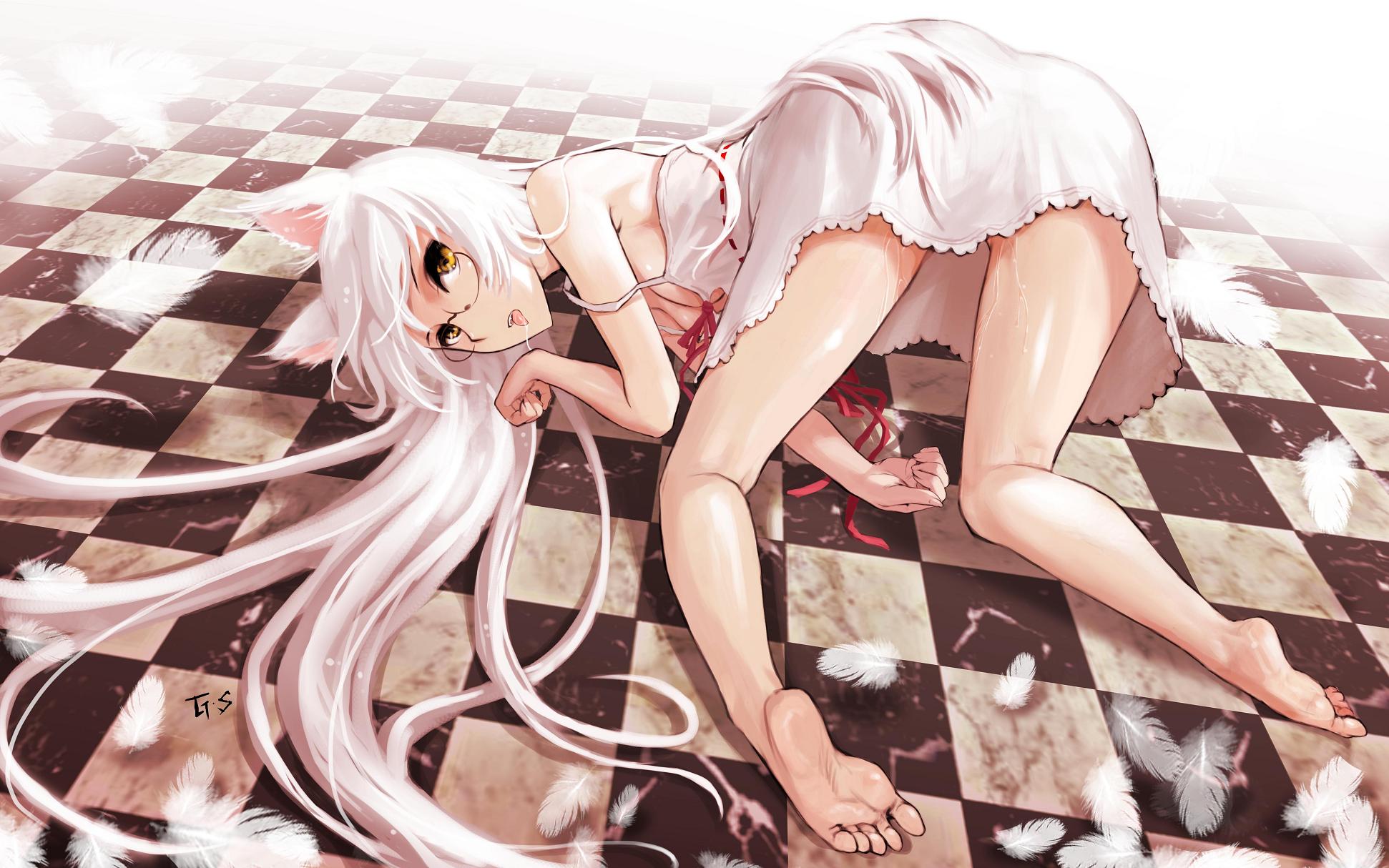 as109, black hanekawa, hanekawa tsubasa, bakemonogatari, monogatari (series), nekomonogatari, bad id, bad pixiv id, highres, spoilers, 00s, 10s, 1girl, all fours, alternate breast size (smaller), animal ears, barefoot, bent over, breasts, cat, cat ears, cat girl, checkered floor, dress, feathers, feet, female focus, floor, glasses, legs, long hair, long legs, no bra, perspective, pussy juice, ribbon, saliva, saliva trail, small breasts, soles, solo, strap slip, toes, tongue, top-down bottom-up, very long hair, white hair, yellow eyes