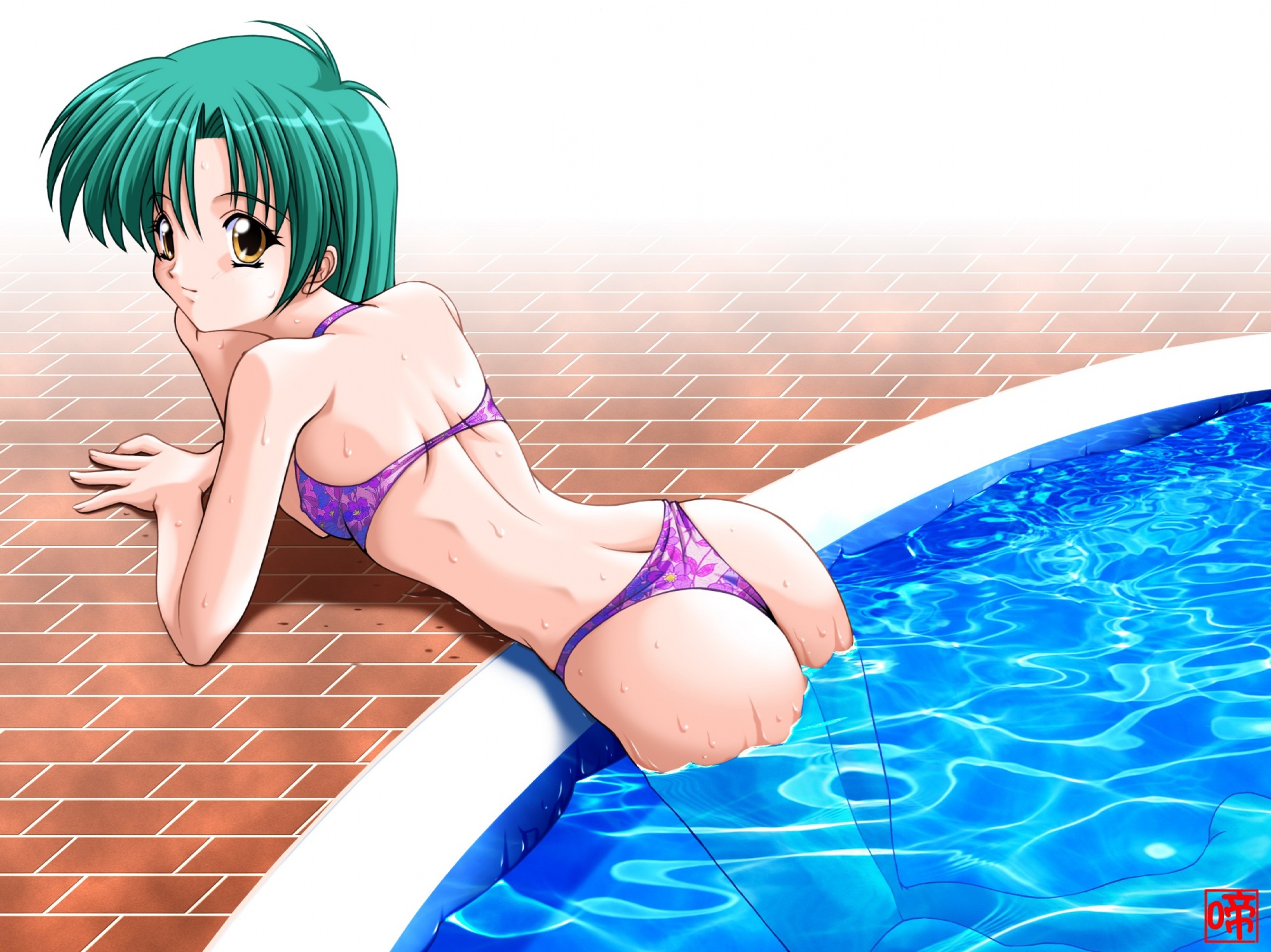 highres, 1girl, ass, bikini, breasts, female focus, green hair, kneeling, partially submerged, pool, short hair, small breasts, solo, swimsuit, water, yellow eyes