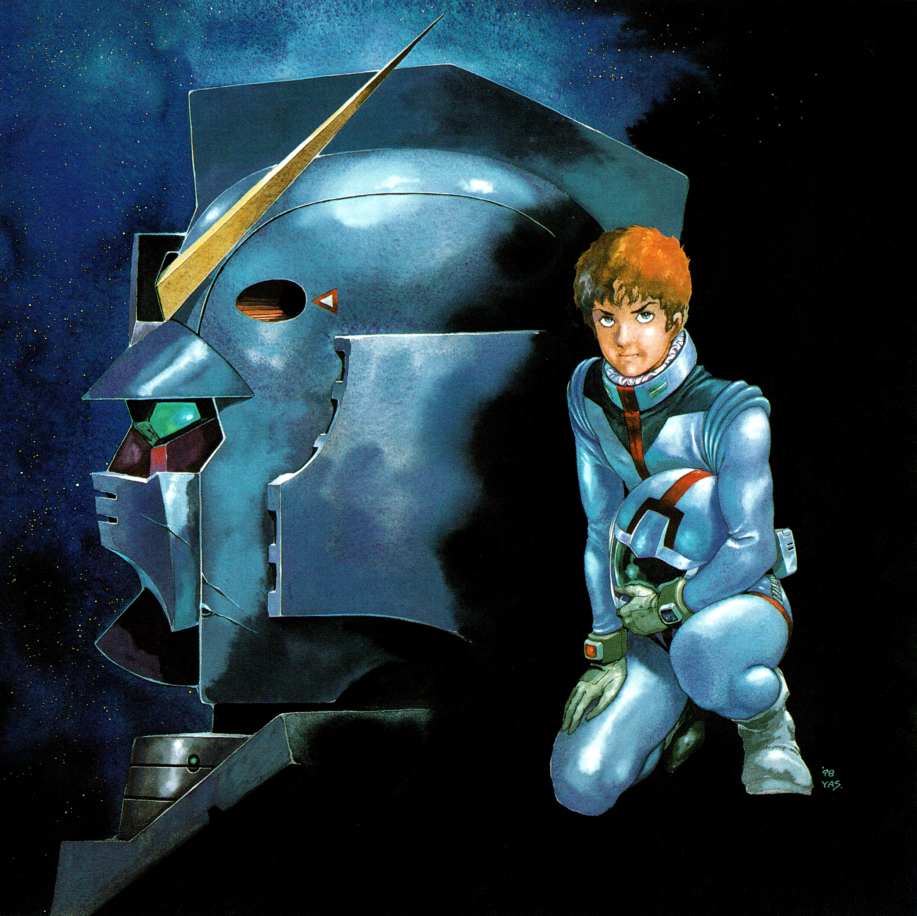 amuro ray, gundam, absurdres, highres, non-web source, scan, 1boy, blue eyes, brown hair, earth federation space forces, helmet, mecha, mecha pilot suit, military, military uniform, robot, space, space helmet, spacesuit