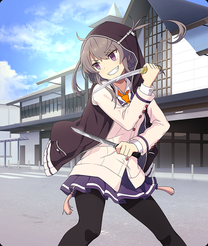 shichinosato kofuki, toji no miko, toji no miko: kizamishi issen no tomoshibi, game cg, official art, third-party source, 1girl, black jacket, black pantyhose, blazer, blue skirt, blue sky, brown hair, building, cloud, day, dot nose, dual wielding, feet out of frame, fighting stance, grin, holding, holding sword, holding weapon, hood, hooded jacket, jacket, legs apart, long sleeves, medium hair, necktie, outdoors, pantyhose, purple eyes, renpu girls school uniform, school uniform, shirt, short sword, sidelocks, skirt, sky, smile, solo, sword, twintails, weapon, white jacket, white shirt, yellow necktie, zipper