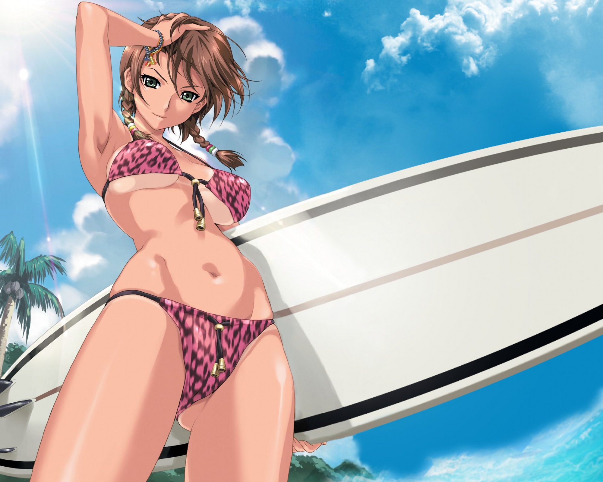 happoubi jin, kuouzumiaiginsusutakeizumonokamimeichoujin mika, resort boin, game cg, highres, tagme, 00s, 1girl, armpits, bikini, braid, brown hair, cloud, female focus, short twintails, sky, solo, surfboard, swimsuit, tan, twin braids, twintails