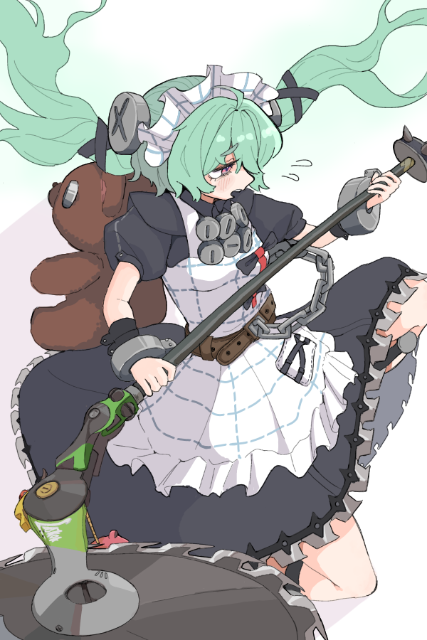corin wickes, zenless zone zero, commentary request, 1girl, animal bag, apron, bear bag, belt, black dress, brown belt, chain, circular saw, cuffs, dress, flying sweatdrops, gekirin123, green background, green hair, hair between eyes, holding, holding weapon, long hair, maid, maid apron, maid headdress, open mouth, puffy short sleeves, puffy sleeves, purple eyes, saw, screw hair ornament, short sleeves, simple background, solo, twintails, weapon, white apron