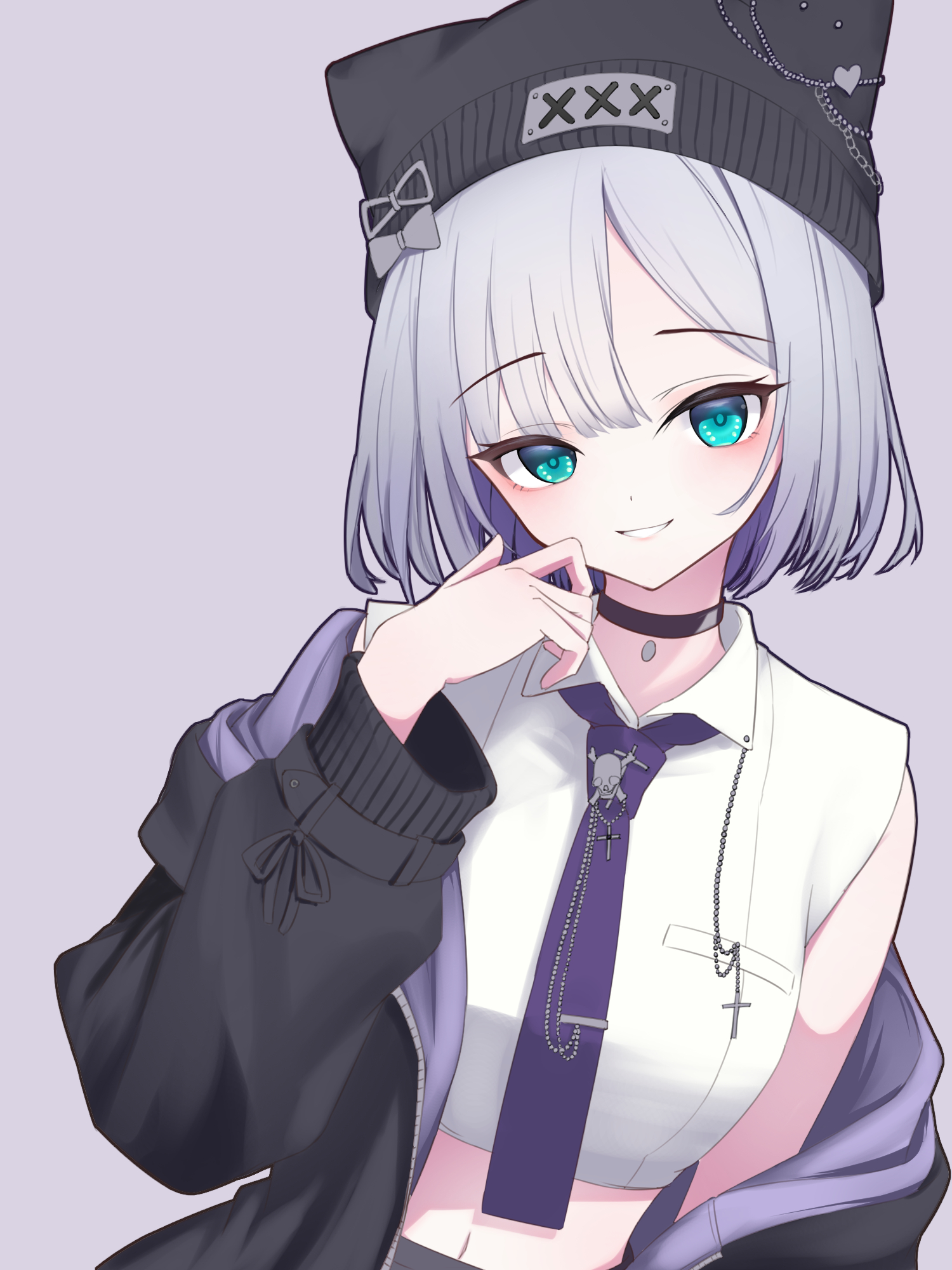 kaga sumire, kaga sumire (2nd costume), vspo!, hashtag-only commentary, highres, 1girl, animal hat, aqua eyes, aqua pupils, beanie, black choker, black jacket, black skirt, cat hat, choker, cropped shirt, cross, gradient hair, grey background, hat, hncstk, jacket, jacket partially removed, looking at viewer, multicolored hair, multicolored jacket, navel, necktie, parted bangs, parted lips, pendant choker, purple jacket, purple necktie, raised eyebrows, ribbon, shirt, short hair, simple background, skirt, skull, sleeve belt, sleeveless, sleeveless shirt, smile, solo, square-end necktie, tie clip, two-tone jacket, virtual youtuber, white hair