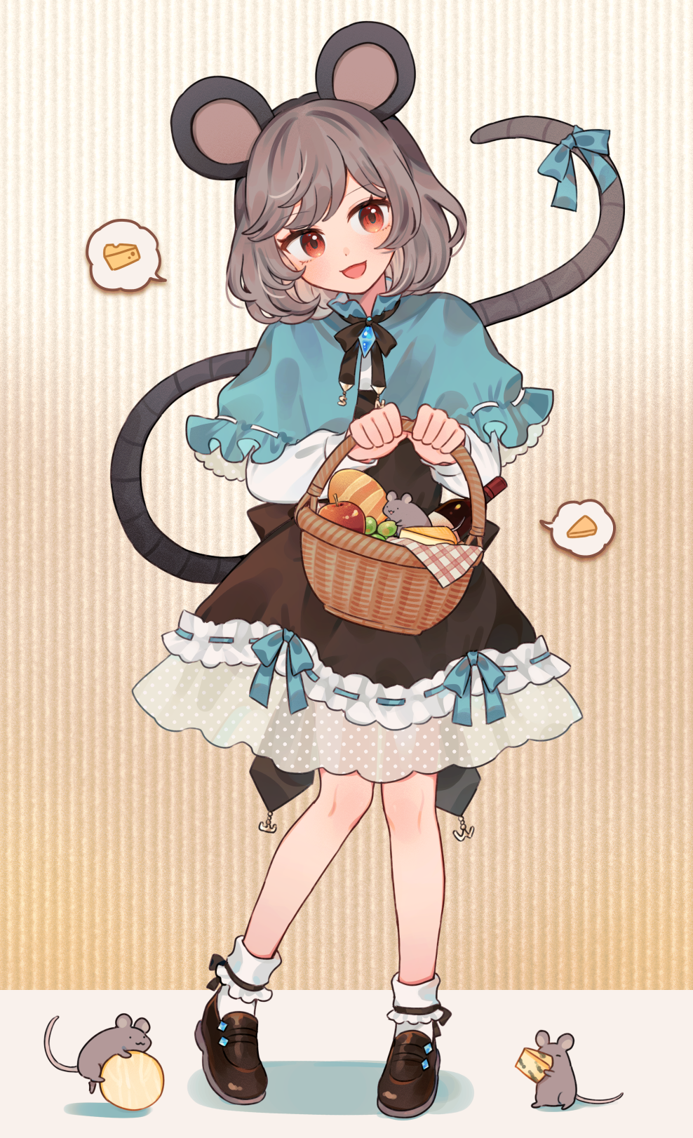 mozukuzu (manukedori), nazrin, touhou, commentary request, highres, 1girl, animal ears, apple, basket, blue capelet, blush, bow, bread, brown shoes, capelet, cheese, dress, dress bow, food, fruit, grey hair, holding, holding basket, image in thought bubble, jewelry, loafers, long sleeves, looking at viewer, medium hair, mouse (animal), mouse ears, mouse girl, mouse tail, open mouth, red eyes, ribbon-trimmed dress, ribbon trim, shoes, smile, socks, solo, speech bubble, tail, tail bow, tail ornament, thought bubble, white socks
