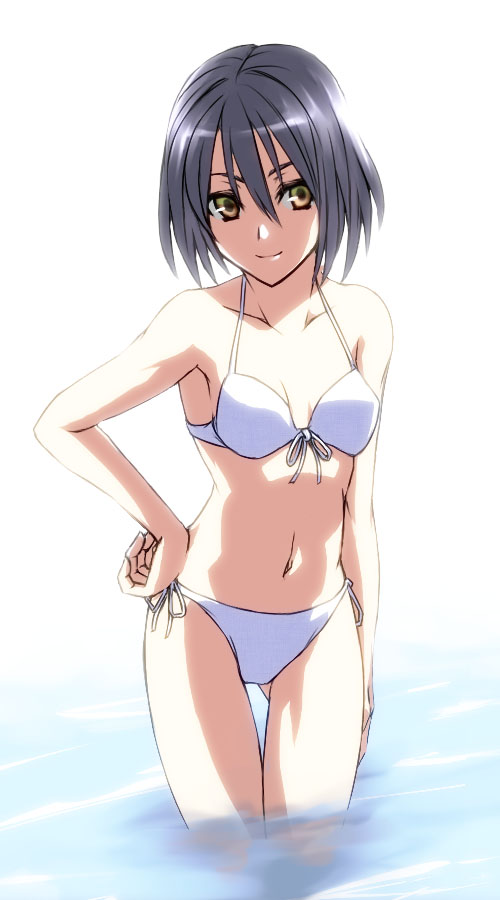 kurokawa (silve), bikini, black hair, brown eyes, front-tie top, hand on own hip, hip focus, short hair, side-tie bikini bottom, solo, swimsuit, wading, water