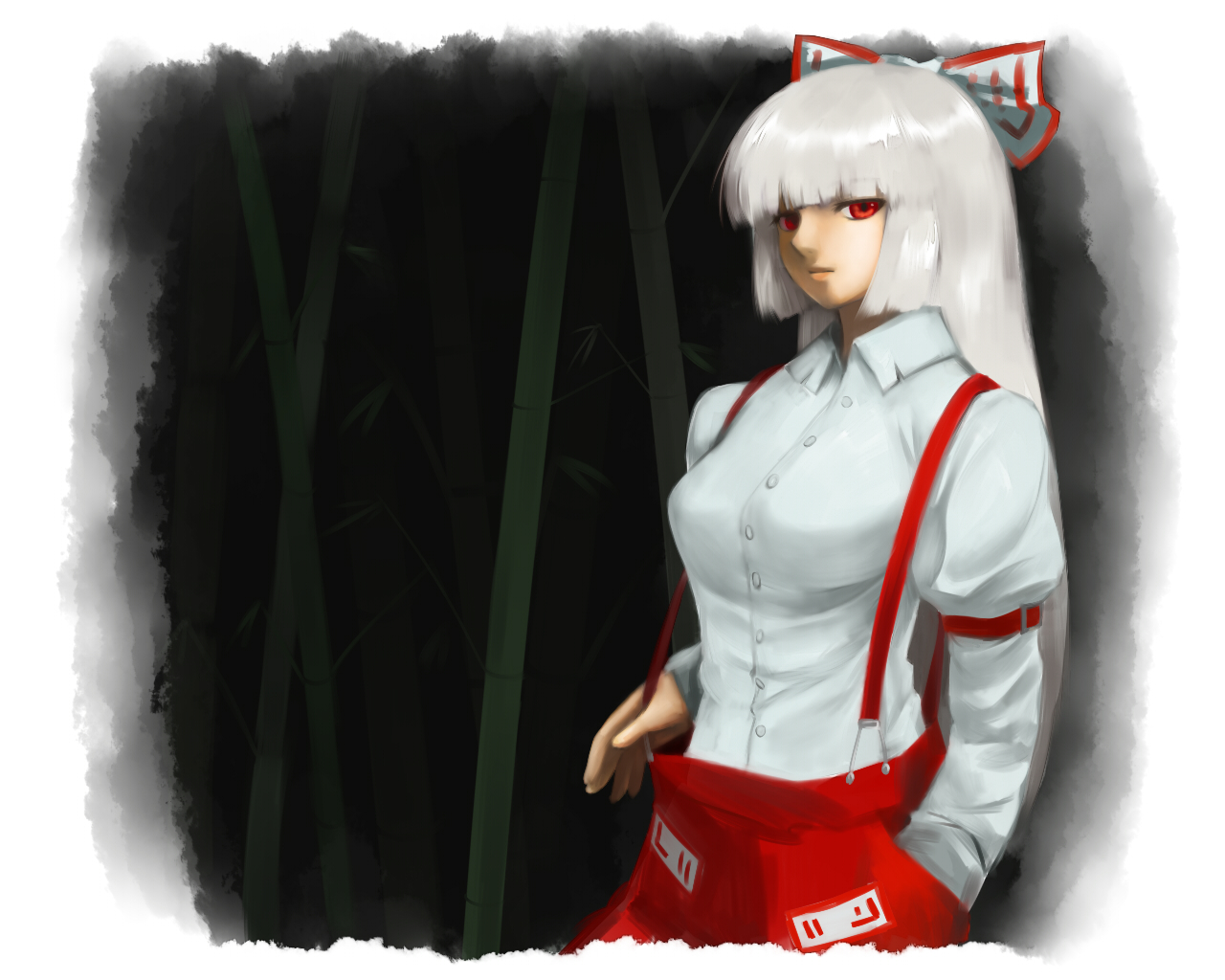 chagen kokimu, fujiwara no mokou, touhou, bad id, bad pixiv id, 1girl, border, bow, dress shirt, fading border, female focus, hair bow, hand in pocket, hime cut, long hair, red eyes, shirt, solo, suspenders, white hair
