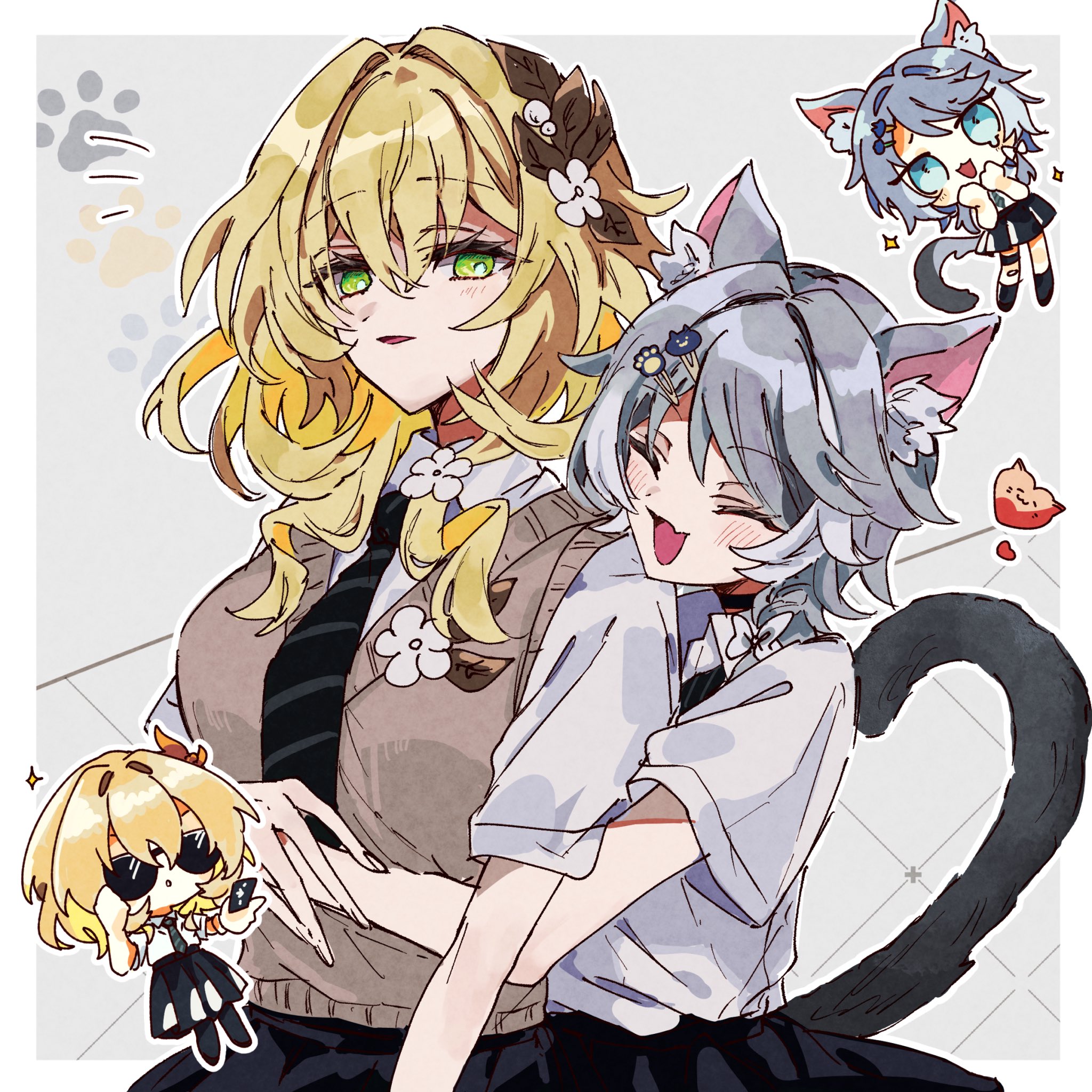 xx kgym, aglaea (honkai: star rail), cipher (honkai: star rail), honkai: star rail, honkai (series), commentary, highres, 2girls, ^ ^, alternate costume, animal ear fluff, blonde hair, bow, cat girl, cat tail, chibi, closed eyes, flower, green eyes, grey hair, hair flower, hair ornament, hairclip, hug, hug from behind, multiple girls, necktie, paw print, school uniform, shirt, smile, sweater vest, tail, white streaks, yuri