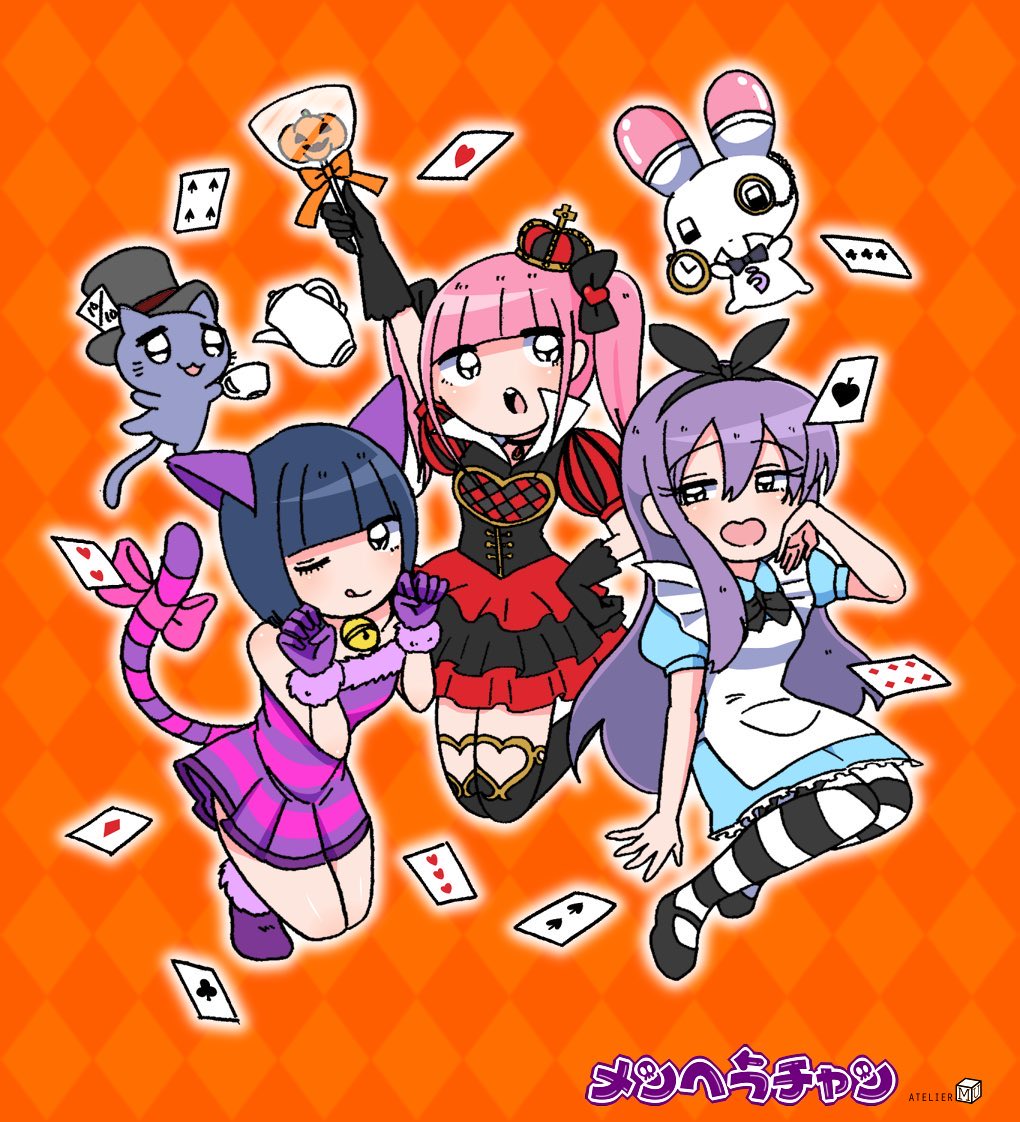 ezaki bisuko, alice (alice in wonderland), cheshire cat (alice in wonderland), mad hatter (alice in wonderland), menhera-chan (ezaki bisuko) (character), queen of hearts (alice in wonderland), usatan (ezaki bisuko), white rabbit (alice in wonderland), alice's adventures in wonderland, menhera-chan (ezaki bisuko), commentary, english commentary, 3girls, alice (alice in wonderland) (cosplay), animal, animal ears, apron, argyle background, bell, black bow, black bowtie, black corset, black eyes, black gloves, black hat, black ribbon, black sandals, black skirt, blue dress, blue hair, blunt bangs, bob cut, boots, bow, bowtie, candy, card, cat, cat ears, cat tail, cheshire cat (alice in wonderland) (cosplay), closed mouth, collar, corset, cosplay, crown, cup, dress, food, frilled apron, frilled skirt, frills, fur-trimmed boots, fur-trimmed dress, fur trim, gloves, hair bow, hair ribbon, halloween, halloween costume, hat, holding, holding candy, holding food, holding lollipop, jitome, lollipop, long hair, looking at viewer, mad hatter (alice in wonderland) (cosplay), monocle, mug, multicolored skirt, multiple girls, neck bell, nekotan (ezaki bisuko), one eye closed, open mouth, orange background, outer glow, pink hair, playing card, pocket watch, puffy short sleeves, puffy sleeves, purple gloves, purple hair, queen of hearts (alice in wonderland) (cosplay), rabbit, red skirt, ribbon, sabukaru-chan (ezaki bisuko), sandals, short hair, short sleeves, short twintails, sidelocks, skirt, smile, striped clothes, striped sleeves, striped thighhighs, tail, teacup, thighhighs, thighs, tongue, top hat, twintails, watch, white apron, white rabbit (alice in wonderland) (cosplay), yumekawa-chan (ezaki bisuko)