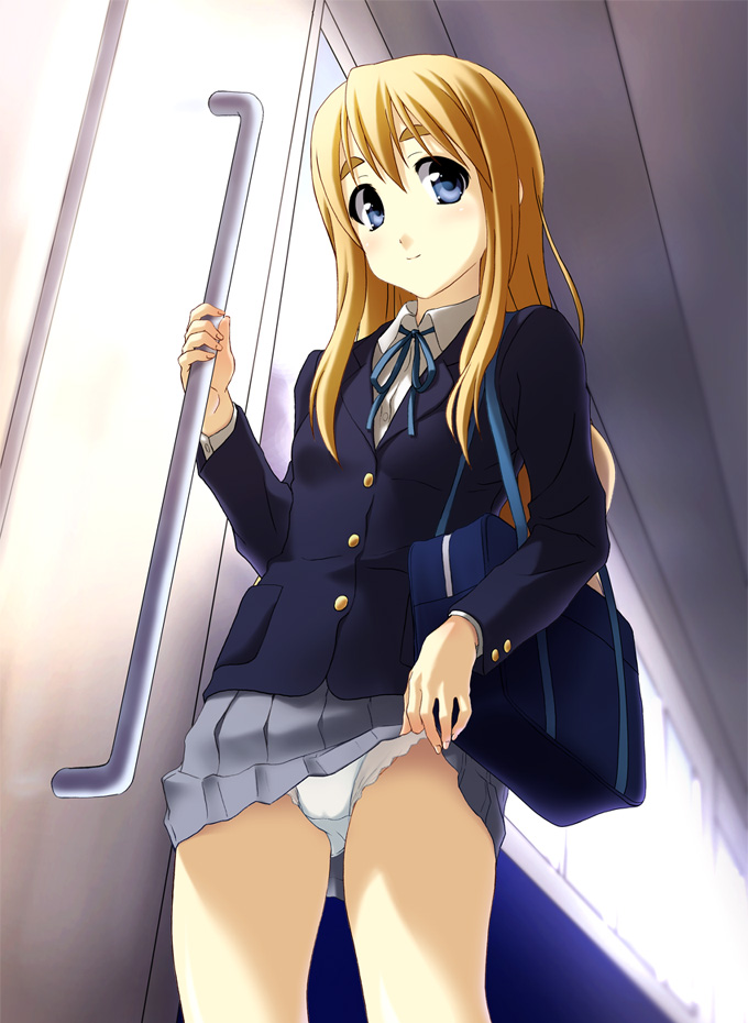 norizou type-r, kotobuki tsumugi, k-on!, eyebrows, 00s, 1girl, bag, blazer, blonde hair, clothes lift, female focus, jacket, panties, school bag, school uniform, skirt, skirt lift, solo, train, train interior, underwear