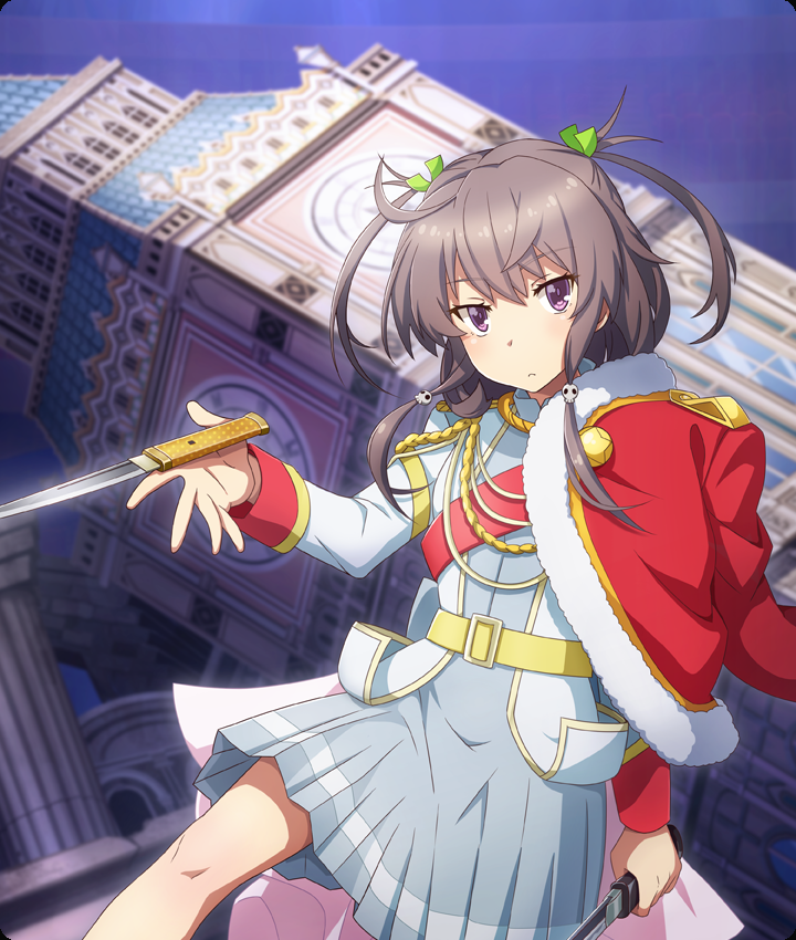 daiba nana, shichinosato kofuki, shoujo kageki revue starlight, toji no miko, toji no miko: kizamishi issen no tomoshibi, game cg, official art, third-party source, 1girl, ahoge, analog clock, belt, blue dress, brown hair, clock, clock tower, closed mouth, cosplay, daiba nana (cosplay), dot nose, dress, dual wielding, fur-trimmed jacket, fur trim, green ribbon, hair ornament, hair ribbon, holding, holding knife, jacket, jacket on shoulders, knife, long sleeves, looking at viewer, medium hair, pillar, purple eyes, red jacket, ribbon, sidelocks, skull hair ornament, solo, tower, twintails, uneven footing, white sleeves, yellow belt
