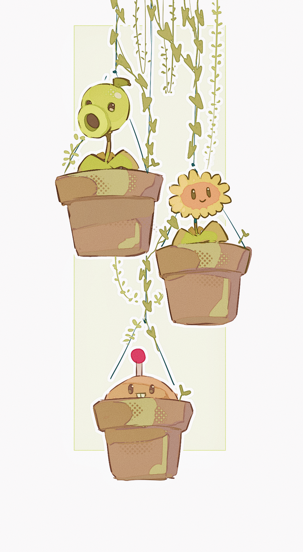 hightguy, peashooter (plants vs. zombies), potato mine (plants vs. zombies), sunflower (plants vs. zombies), plants vs. zombies, chinese commentary, commentary request, highres, black eyes, border, buck teeth, closed mouth, flower, flower pot, green background, halftone, looking at viewer, no humans, outline, outside border, plant, plant focus, simple background, smile, solid oval eyes, sunflower, teeth, vines, white border, white outline