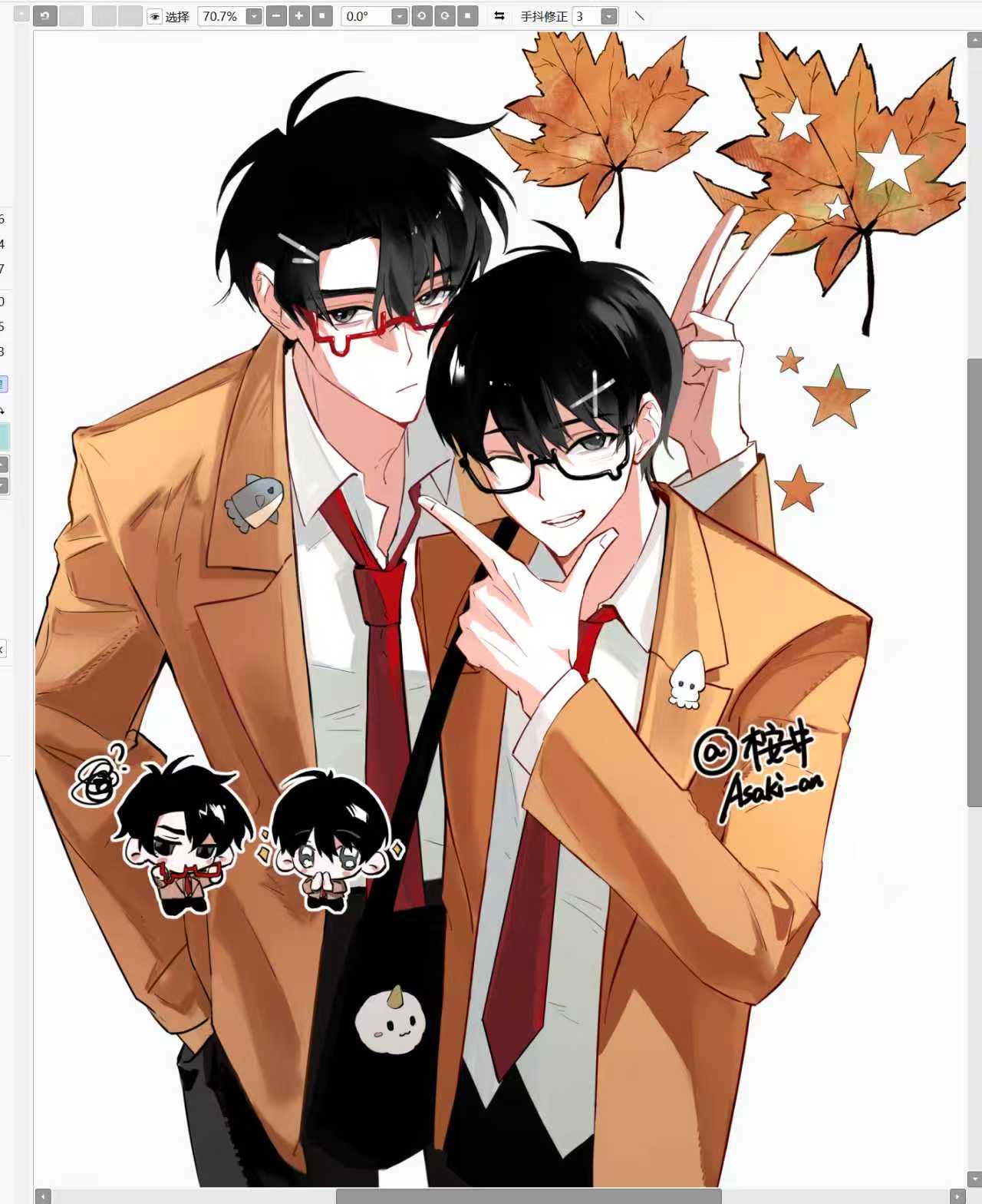 kim dokja, yoo joonghyuk, omniscient reader's viewpoint, screencap, commentary, highres, symbol-only commentary, 2boys, ;d, alternate costume, animal pin, art program in frame, asaki an, black eyes, black hair, bunny ears prank, chibi, chibi inset, coat, collared shirt, cowboy shot, glasses, hair ornament, hand in pocket, l hand, leaf, male focus, maple leaf, matching outfits, multiple boys, necktie, one eye closed, open clothes, open coat, open mouth, orange coat, red necktie, shirt, short hair, smile, white shirt, x hair ornament