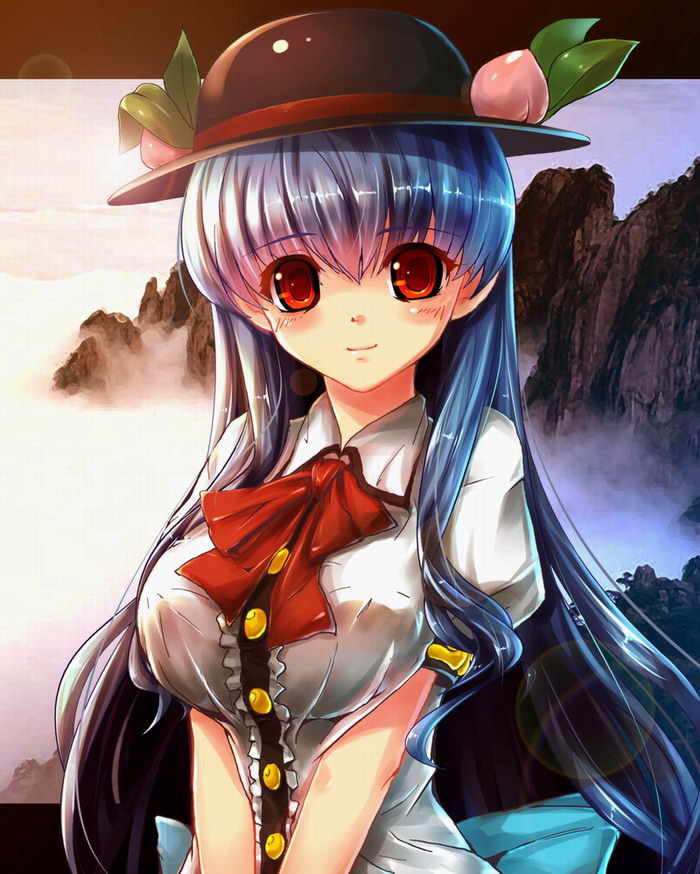 ryuuzaki ichi, hinanawi tenshi, touhou, bad id, bad pixiv id, 1girl, alternate breast size (larger), blue hair, blush, breasts, female focus, food, fruit, hat, large breasts, leaf, lens flare, long hair, looking at viewer, peach, red eyes, smile, solo