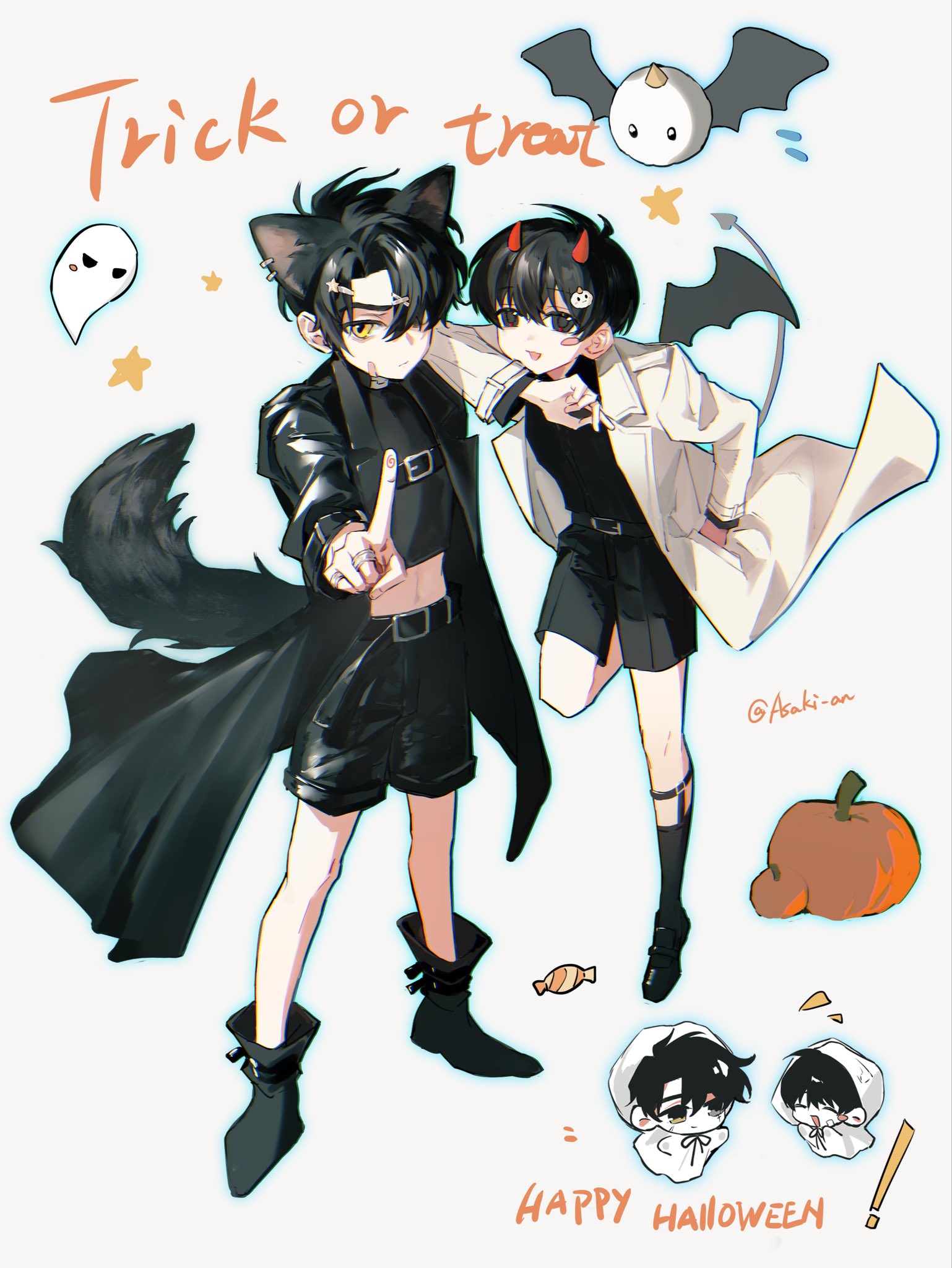 biyoo (omniscient reader's viewpoint), kim dokja, yoo joonghyuk, omniscient reader's viewpoint, highres, 2boys, alternate costume, animal ears, asaki an, bat wings, black coat, black eyes, black shirt, black shorts, boots, candy, chest belt, coat, demon horns, elbow on another's shoulder, food, hair over one eye, hand in pocket, happy halloween, horns, index finger raised, looking at viewer, male focus, midriff, mini wings, multiple boys, open clothes, open coat, popped collar, pumpkin, shirt, shorts, standing, standing on one leg, tail, white coat, wings, wolf ears, wolf tail, yellow eyes