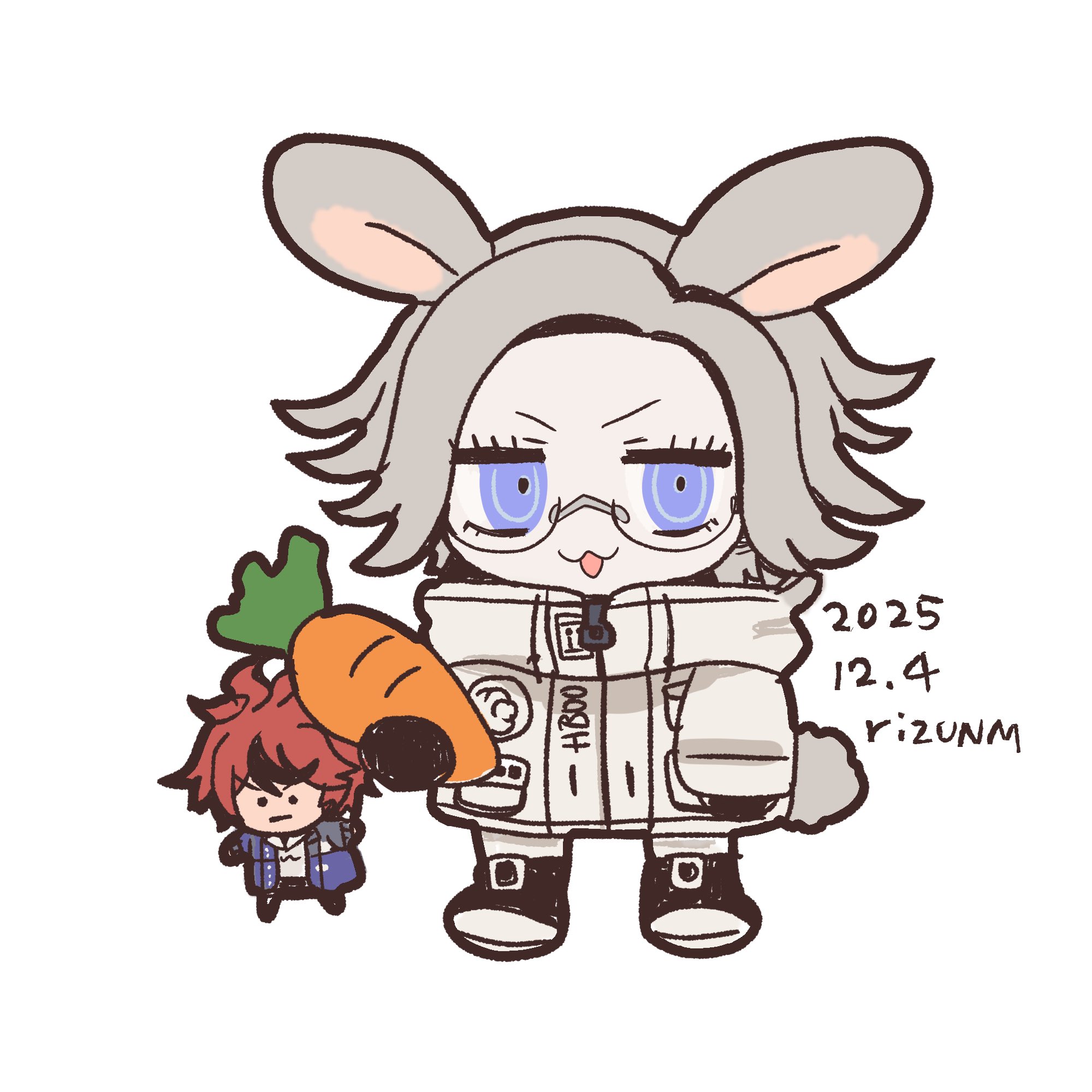 rizu (rizunm), aotsuki eito, sumino takumi, the hundred line -last defense academy-, highres, 2boys, :3, ahoge, artist name, black gloves, black streaks, carrot, chibi, chibi only, dated, full body, glasses, gloves, grey hair, grey jacket, holding, holding carrot, hood, hoodie, jacket, jacket over hoodie, kemonomimi mode, looking at viewer, male focus, multicolored hair, multicolored jacket, multiple boys, open clothes, open jacket, open mouth, pocket, purple eyes, rabbit, rabbit boy, rabbit tail, red hair, short hair, streaked hair, tail, two-tone hair, two-tone jacket, white background, white hoodie, white jacket