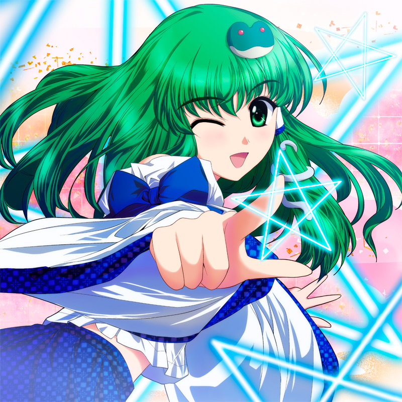 yamaguchi takashi, yamaguchi yuu, kochiya sanae, touhou, 1girl, danmaku, female focus, frog, green eyes, green hair, hair ornament, japanese clothes, matching hair/eyes, miko, one eye closed, snake, solo, wink