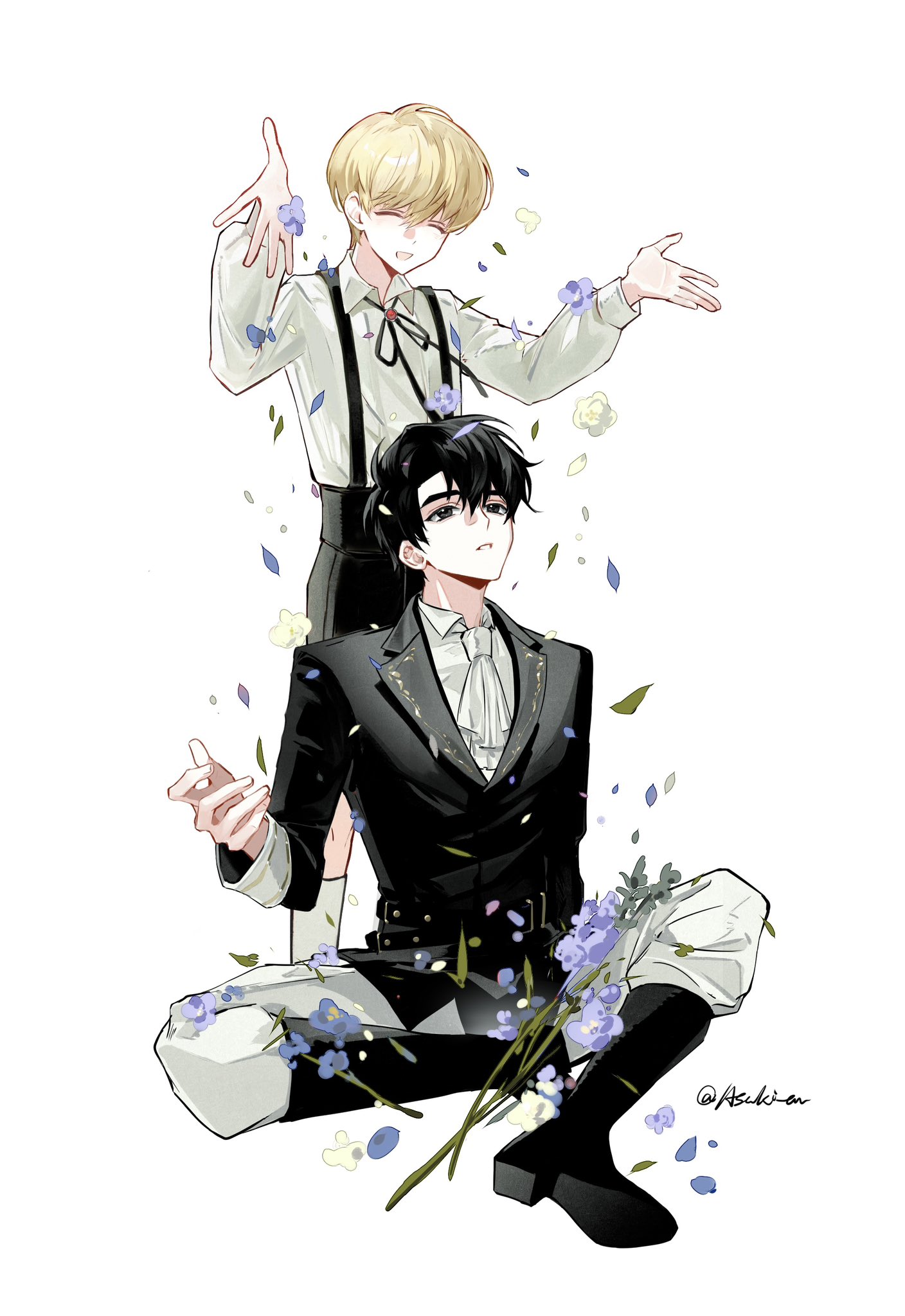 kim dokja, yoo joonghyuk, omniscient reader's viewpoint, hashtag-only commentary, highres, 2boys, alternate hair color, asaki an, black hair, black vest, blonde hair, boots, collared shirt, frills, full body, grin, hands up, head tilt, looking at another, male focus, multiple boys, shirt, short hair, sitting, smile, standing, suspenders, throwing, throwing petals, vest, white shirt