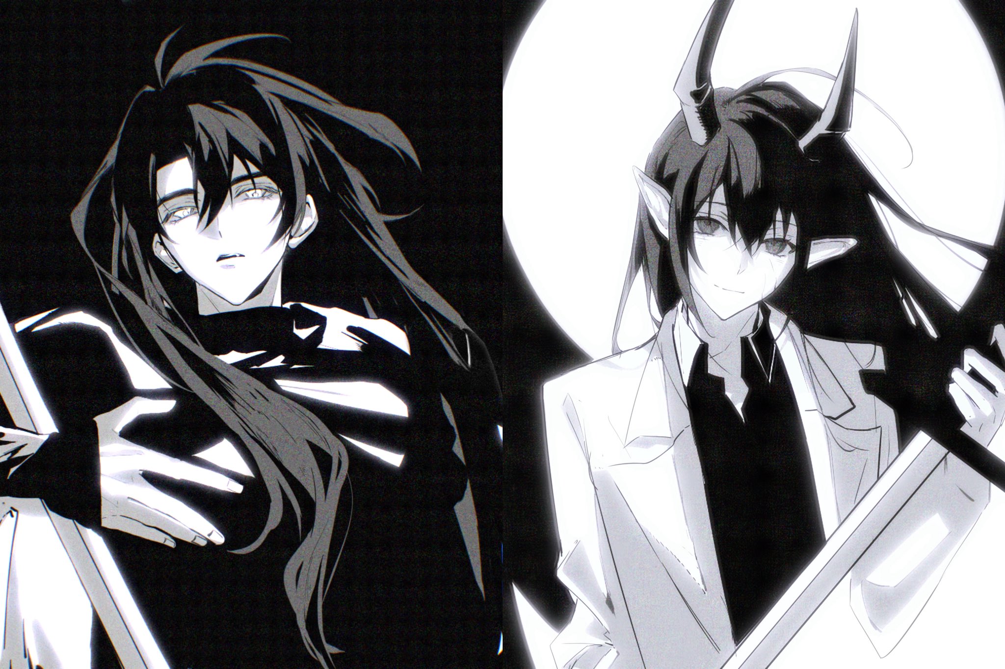 kim dokja, yoo joonghyuk, omniscient reader's viewpoint, highres, 2girls, asaki an, black gloves, black hair, black shirt, coat, collared shirt, demon horns, genderswap, genderswap (mtf), gloves, greyscale, head tilt, holding, holding sword, holding weapon, horns, long hair, long sidelocks, looking at another, monochrome, moon behind head, multiple girls, open clothes, open coat, pointy ears, shirt, sidelocks, smile, sword, weapon, white coat