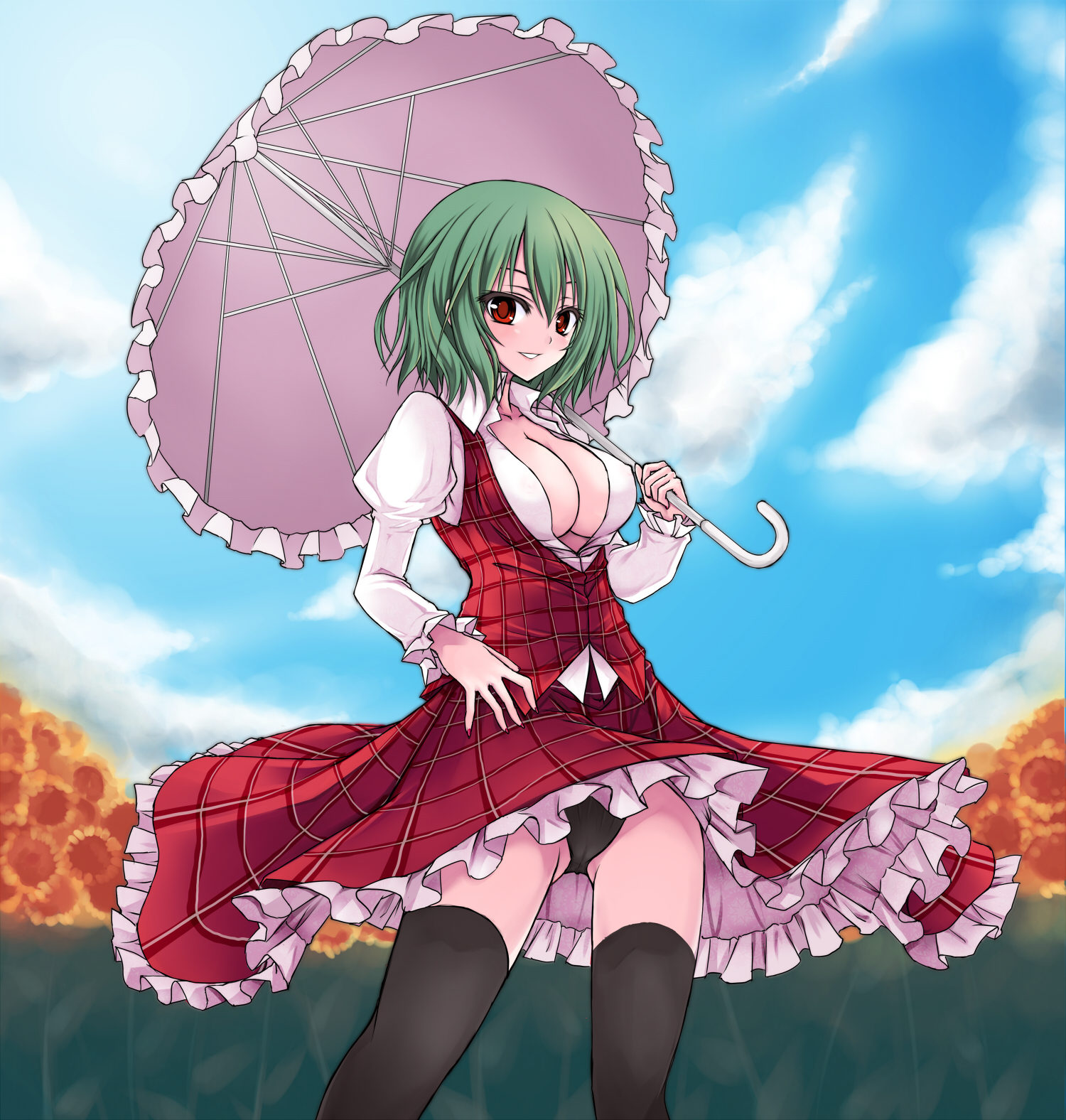 utakata (kochou no yume), kazami yuuka, touhou, highres, 1girl, bad anatomy, bad proportions, black panties, black thighhighs, breasts, cleavage, cloud, covered erect nipples, day, female focus, flower, green hair, large breasts, nail polish, open clothes, open shirt, panties, pantyshot, parasol, plaid clothes, plaid skirt, plaid vest, poorly drawn, puffy sleeves, red eyes, red nails, shirt, short hair, skirt, skirt set, sky, smile, solo, sunflower, thighhighs, umbrella, underwear, upskirt, vest