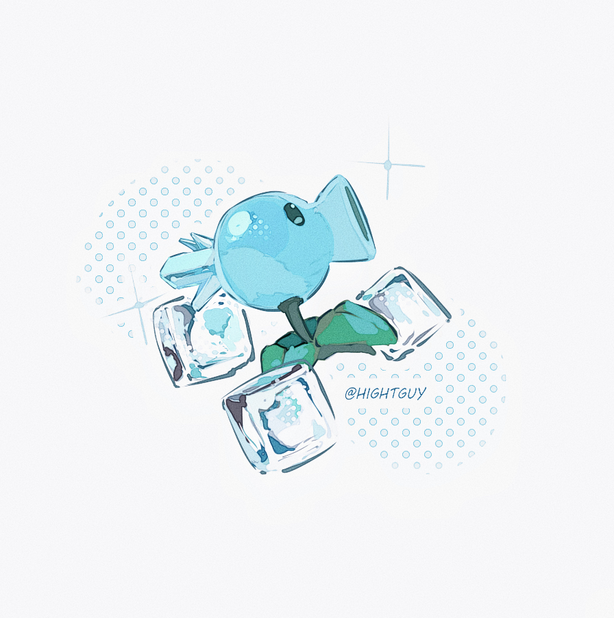 hightguy, snow pea (plants vs. zombies), plants vs. zombies, commentary, symbol-only commentary, artist name, black eyes, film grain, from side, halftone, halftone background, ice, ice cube, leaf, no humans, plant, profile, simple background, solid oval eyes, solo, sparkle, white background