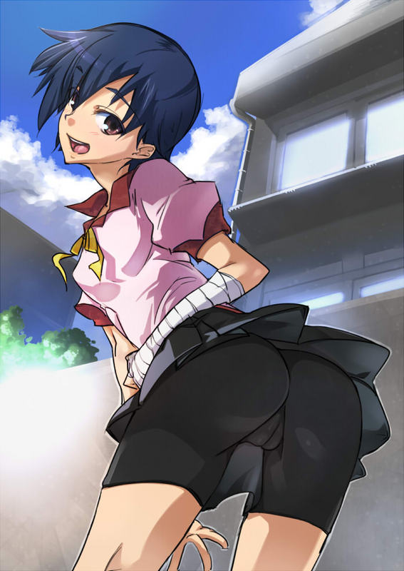 akinaie, kanbaru suruga, bakemonogatari, monogatari (series), bad id, bad pixiv id, 00s, 1girl, ass, bent over, bike shorts, black hair, bow, bowtie, brown eyes, cameltoe, female focus, from below, looking back, open mouth, skirt, solo, tongue, upskirt