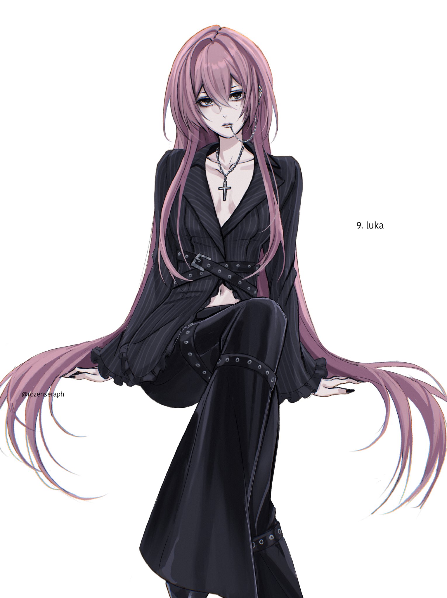 megurine luka, vocaloid, highres, 1girl, alternate costume, belt, black belt, black jacket, black nails, black pants, blue eyes, character name, collarbone, cross, cross necklace, ear piercing, expressionless, face piercing, frilled sleeves, frills, goth fashion, jacket, jewelry, long hair, looking at viewer, mole, mole under eye, mouth piercing, multiple belts, navel, necklace, pale skin, pants, piercing, rozenseraph, sidelocks, simple background, sitting, solo, very long hair, white background