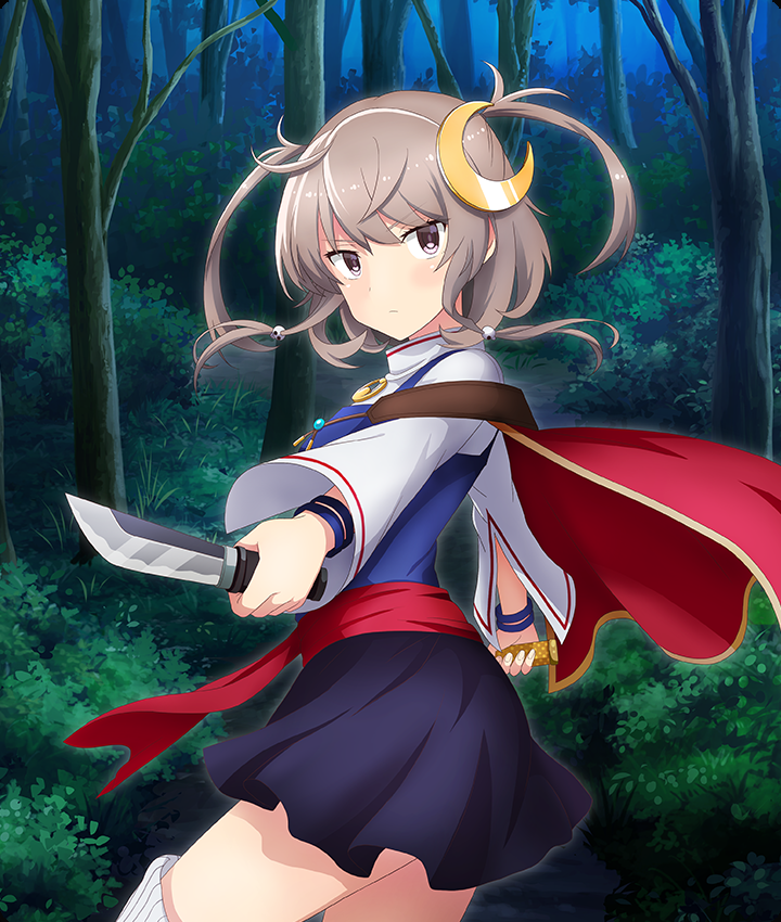 rena lanford, shichinosato kofuki, star ocean, star ocean: anamnesis, star ocean: the second story, toji no miko, toji no miko: kizamishi issen no tomoshibi, game cg, official art, third-party source, 1girl, ahoge, black skirt, blue shirt, bracelet, brown hair, cape, closed mouth, cosplay, cowboy shot, crescent, crescent hair ornament, dot nose, dual wielding, fighting stance, forest, from side, hair ornament, holding, holding knife, jewelry, knife, long sleeves, looking at viewer, looking to the side, medium hair, nature, night, outdoors, pendant, purple eyes, red cape, rena lanford (cosplay), serious, shirt, sidelocks, skirt, skull hair ornament, sleeve slit, solo, tree, twintails, white sleeves