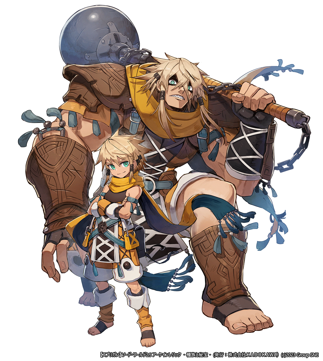 kuroi susumu, sword world, sword world 2.5, highres, official art, armor, bare arms, barefoot, blue eyes, chain, clenched teeth, crossed arms, dual persona, fantasy, giant, giant male, grin, holding, holding mace, holding weapon, mace, scarf, sharp teeth, shoes, smile, solo, teeth, toes, weapon, yellow scarf