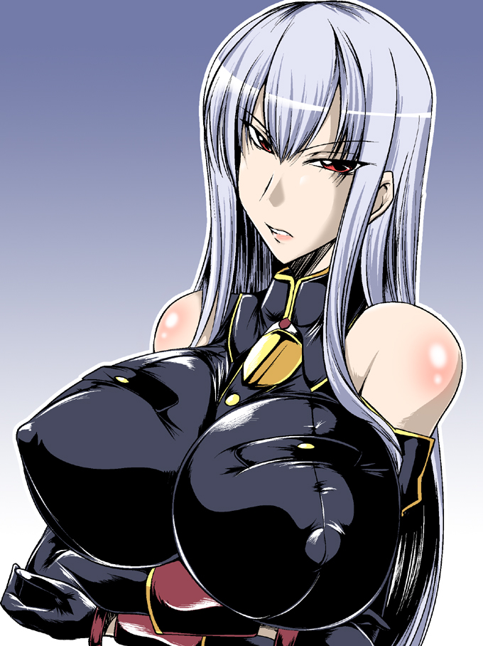 kanten, selvaria bles, senjou no valkyria, senjou no valkyria (series), senjou no valkyria 1, silver hair, 00s, body blush, breasts, covered erect nipples, gloves, huge breasts, large breasts, long hair, military, military uniform, red eyes