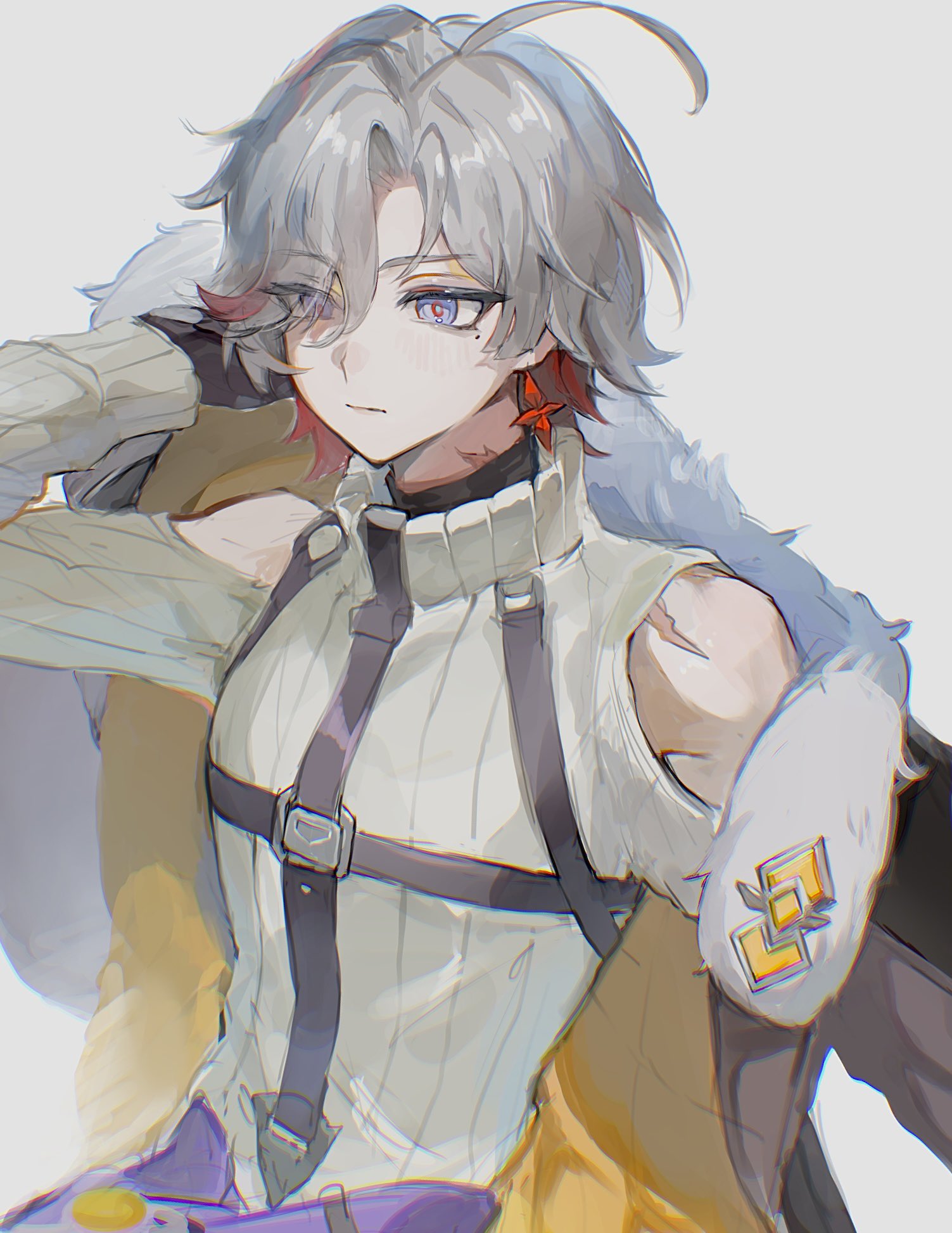 shiraki (y aira srk), illuga (genshin impact), genshin impact, highres, 1boy, bare shoulders, black gloves, closed mouth, coat, earrings, fur trim, gloves, jacket, jewelry, looking to the side, multicolored eyes, multicolored hair, scar, scar on neck, scar on shoulder, single earring, solo, solo focus, white background