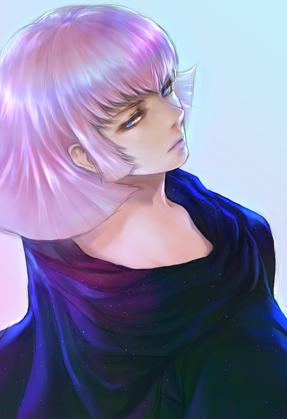 takeda yuuko, haman karn, gundam, gundam zz, zeta gundam, highres, 1girl, black dress, blue background, blue eyes, dress, expressionless, looking at viewer, looking back, pink hair, short hair, simple background, solo