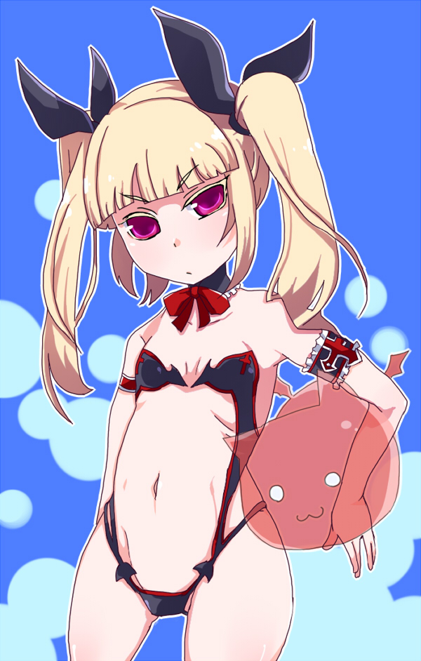 ebifurai, gii, rachel alucard, arc system works, blazblue, 1girl, bad anatomy, bikini, blonde hair, choker, colored eyelashes, eyelashes, flat chest, micro bikini, poorly drawn, quality, swimsuit, twintails