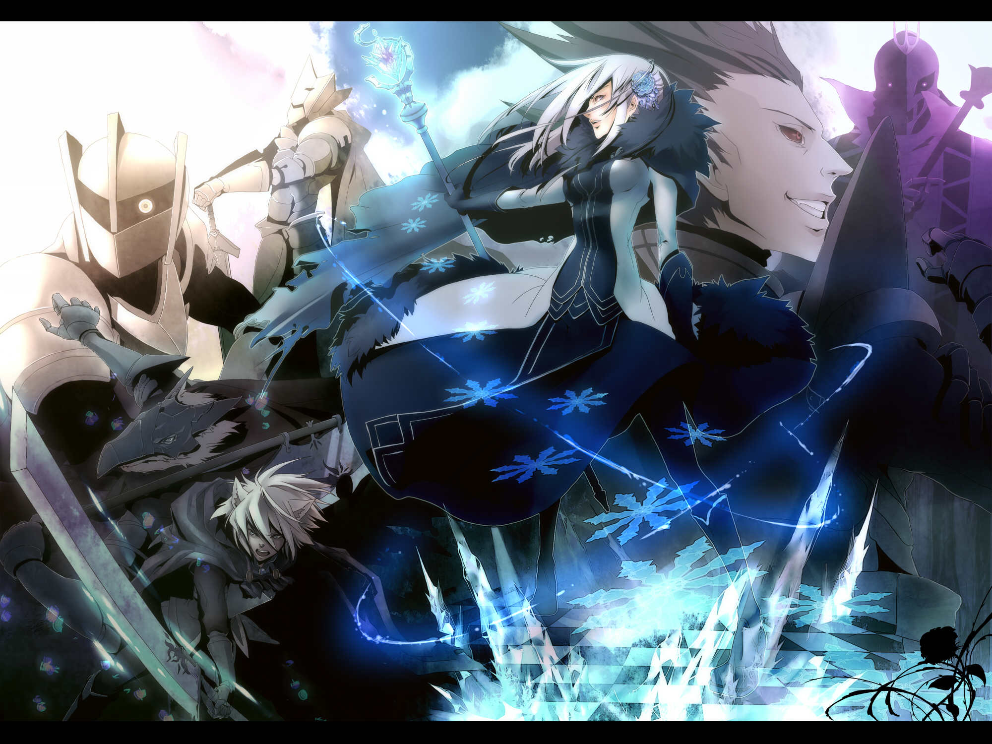 plastick, drake (pixiv fantasia), elaine (pixiv fantasia), frederic (pixiv fantasia), giriam (pixiv fantasia), niko (pixiv fantasia), wilhelm (pixiv fantasia), yuri (pixiv fantasia), pixiv fantasia, pixiv fantasia 3, silver hair, highres, 2boys, 2girls, animal ears, armor, brown hair, cape, flower, gigandal federation, gloves, hair ornament, letterboxed, multiple boys, multiple girls, snowflakes, staff, sword, weapon