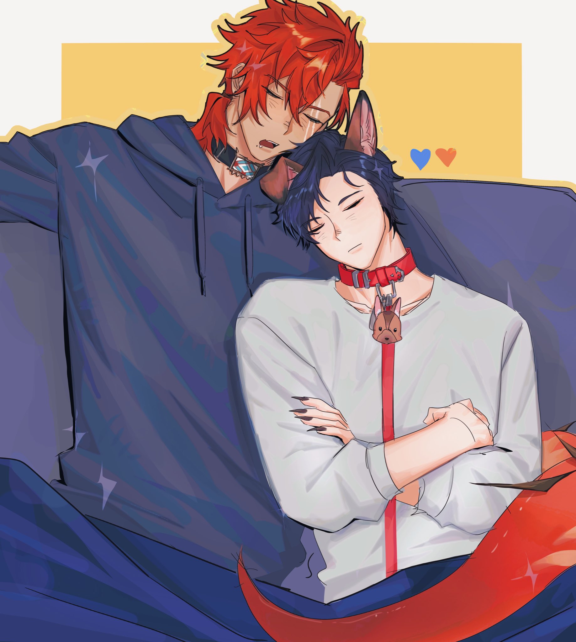 caelen strayfe, ryzar blazenfang, first stage production, highres, 2boys, black claws, blue hoodie, closed eyes, collar, hood, hoodie, leash, male focus, multiple boys, open mouth, red collar, scar, scar on face, sleeping, sweater, tail, torai akarui, white sweater