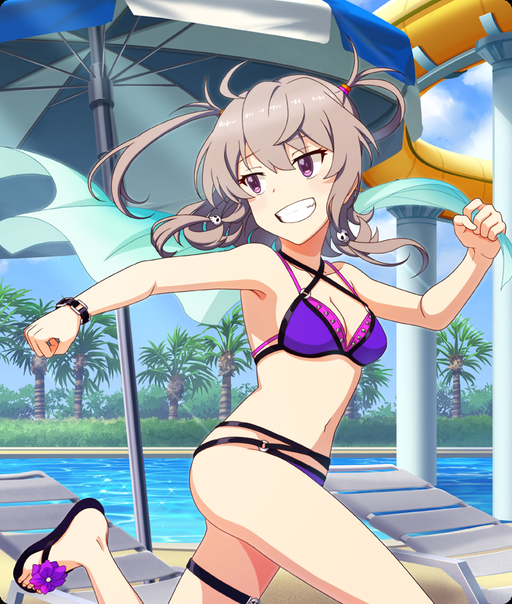 shichinosato kofuki, toji no miko, toji no miko: kizamishi issen no tomoshibi, game cg, official art, third-party source, 1girl, ahoge, armpit crease, belt, bikini, black belt, black sandals, blue sky, breasts, brown hair, chair, cleavage, cloud, collarbone, day, dot nose, flip-flops, flower, foot out of frame, footwear flower, grin, hair ornament, hair tie, holding, holding towel, layered bikini, looking back, lounge chair, navel, o-ring, o-ring bikini, palm tree, pink bikini, pool, poolside, purple bikini, purple eyes, purple flower, running, sandals, sidelocks, skull hair ornament, sky, small breasts, smile, solo, sparkle, swimsuit, towel, tree, twintails, water slide, waterpark, wrist belt